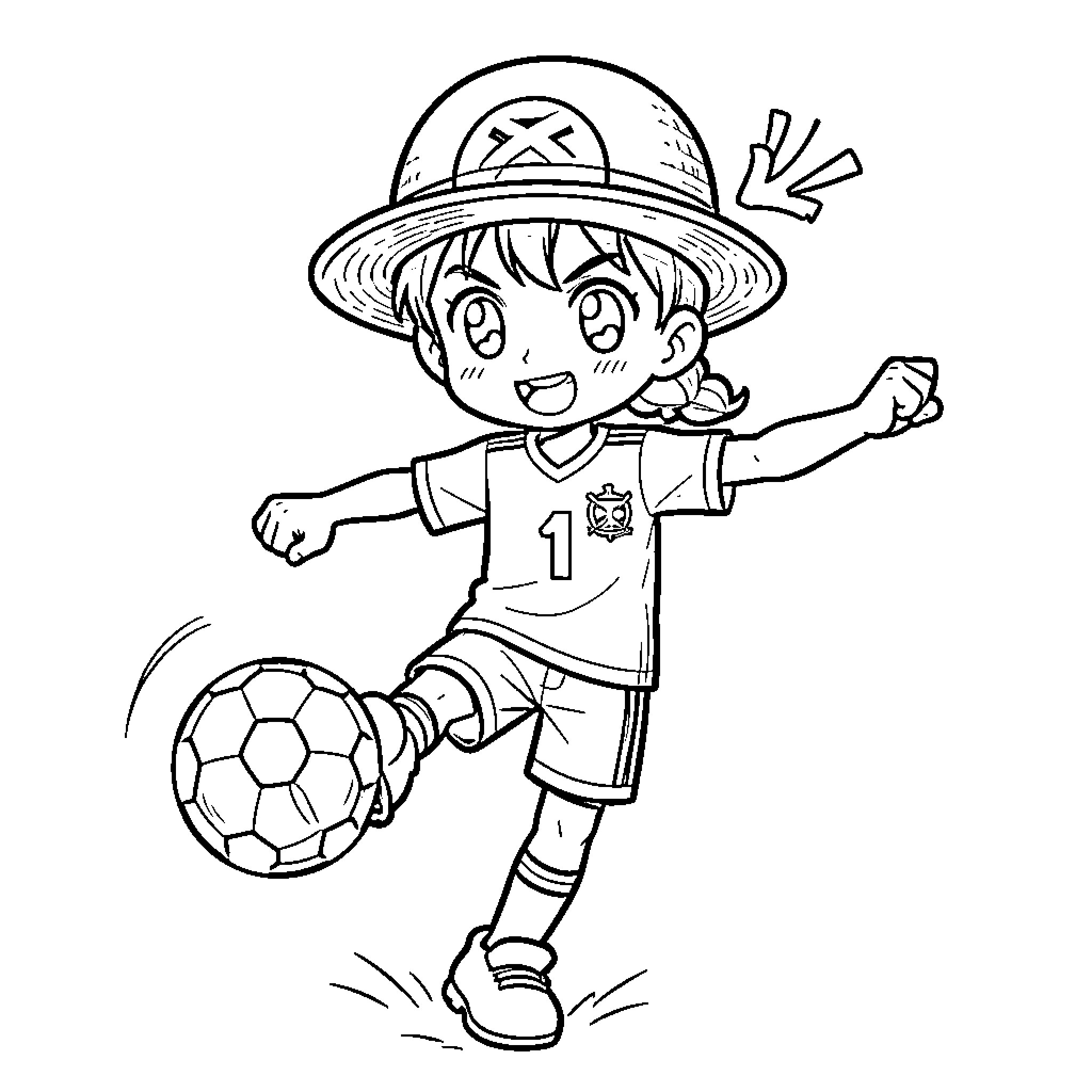 Chopper playing soccer with an excited expression Coloring Page (free black-and-white line drawing printable PDF for all, from beginners to advanced learners, including children, teens, adults, and seniors)
