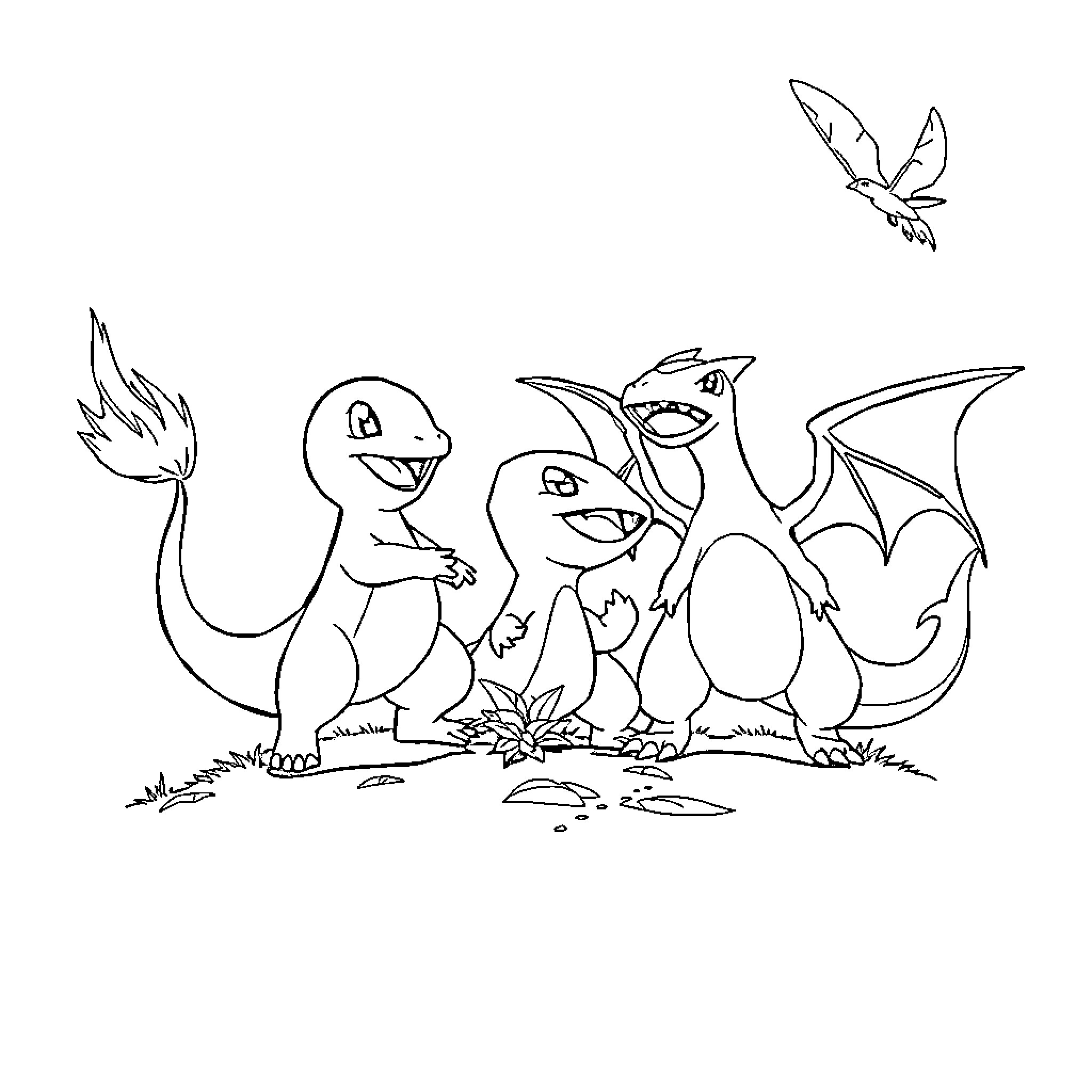 Charmander and friends exploring the outdoors Coloring Page (free black-and-white line drawing printable PDF for all, from beginners to advanced learners, including children, teens, adults, and seniors)