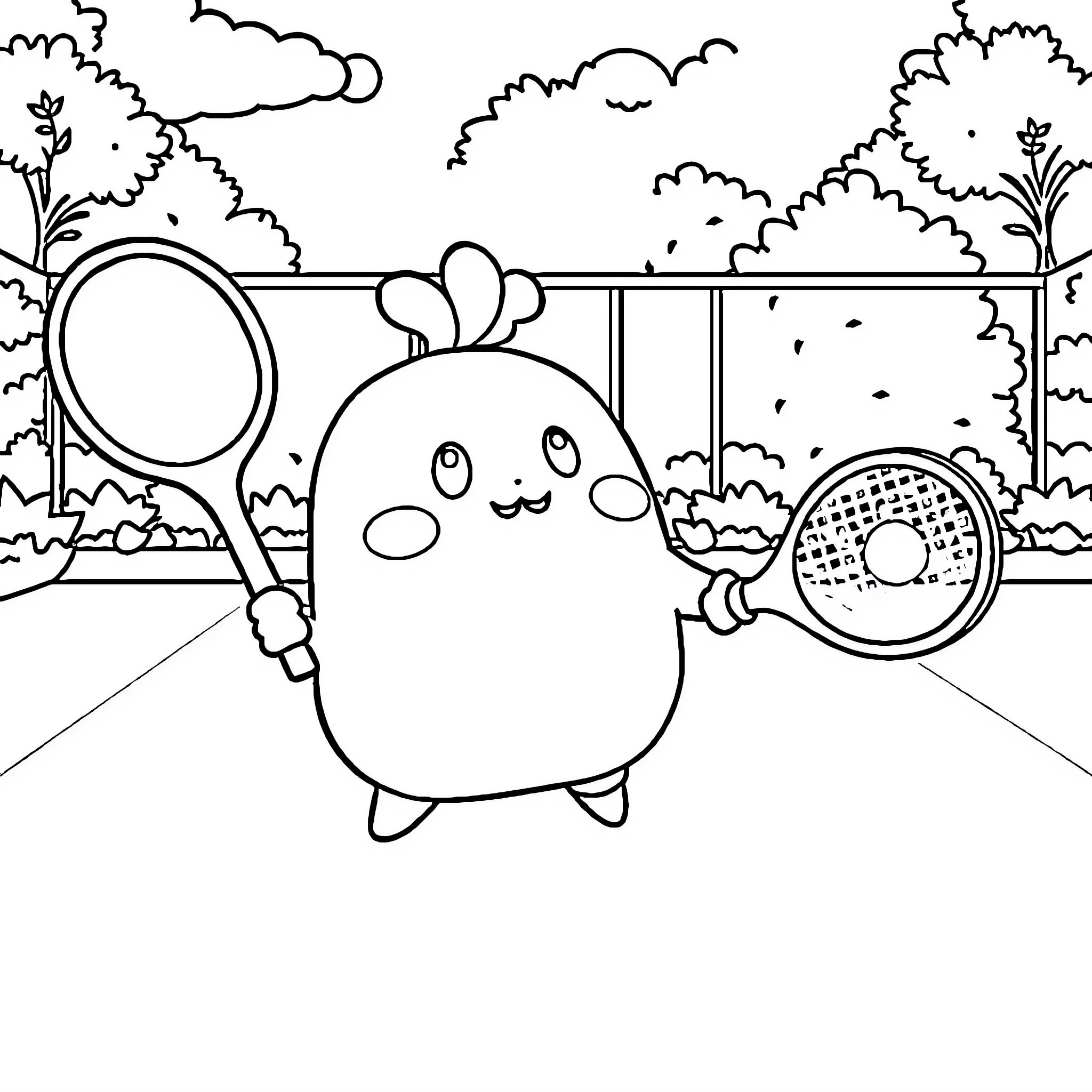 Squishmallow playing happily with tennis racket in park Coloring Page (free black-and-white line drawing printable PDF for all, from beginners to advanced learners, including children, teens, adults, and seniors)