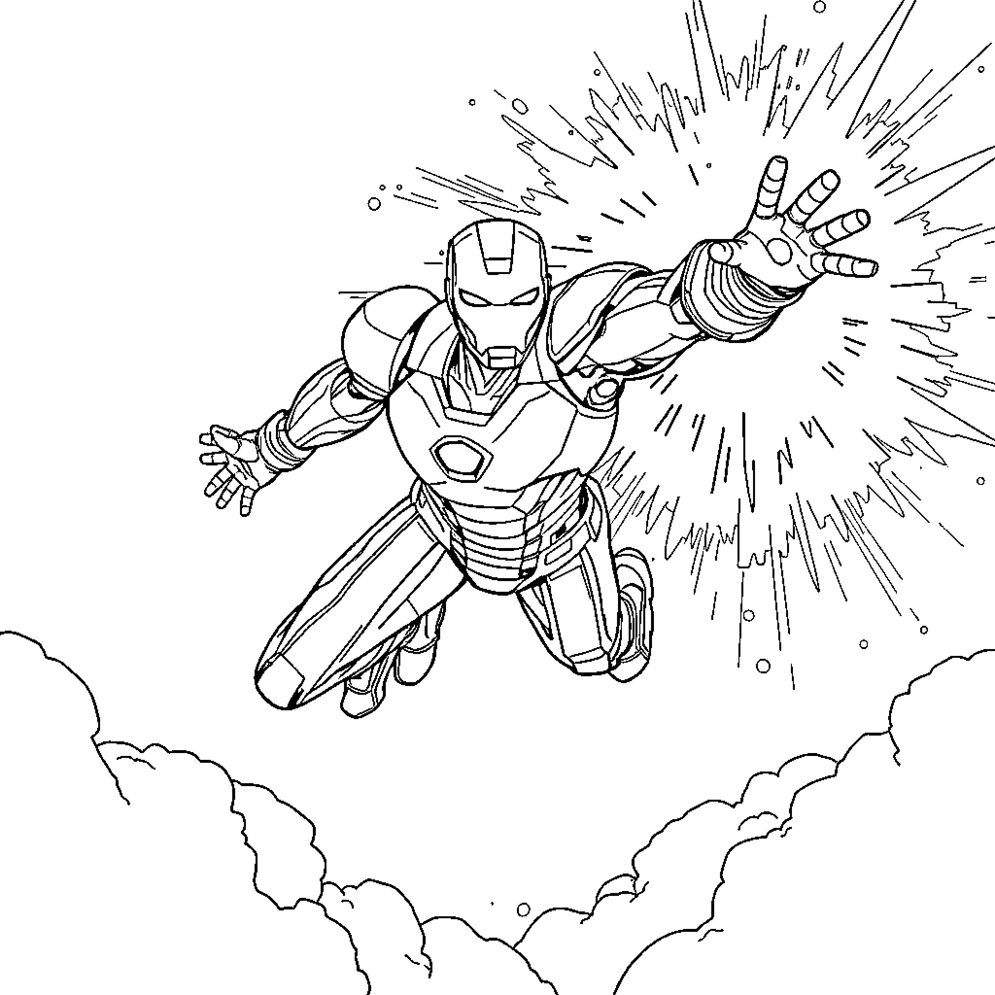 Iron Man in Explosive Action Sequence Coloring Page (free black-and-white line drawing printable PDF for all, from beginners to advanced learners, including children, teens, adults, and seniors)