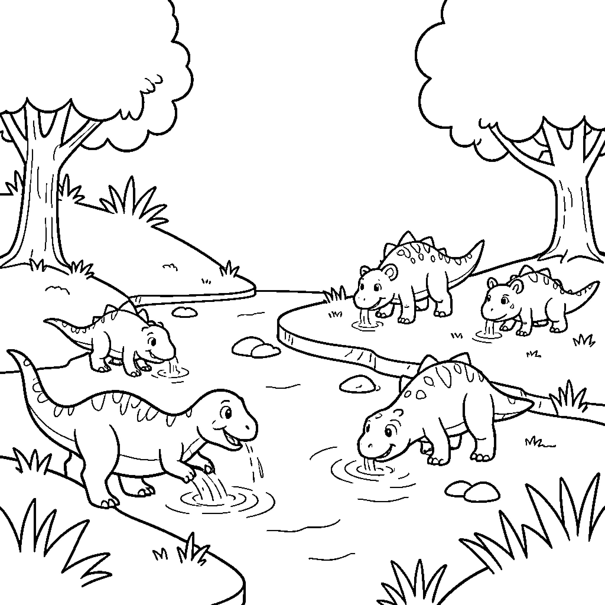 Dinosaur group drinking water from a river Coloring Page (free black-and-white line drawing printable PDF for all, from beginners to advanced learners, including children, teens, adults, and seniors)