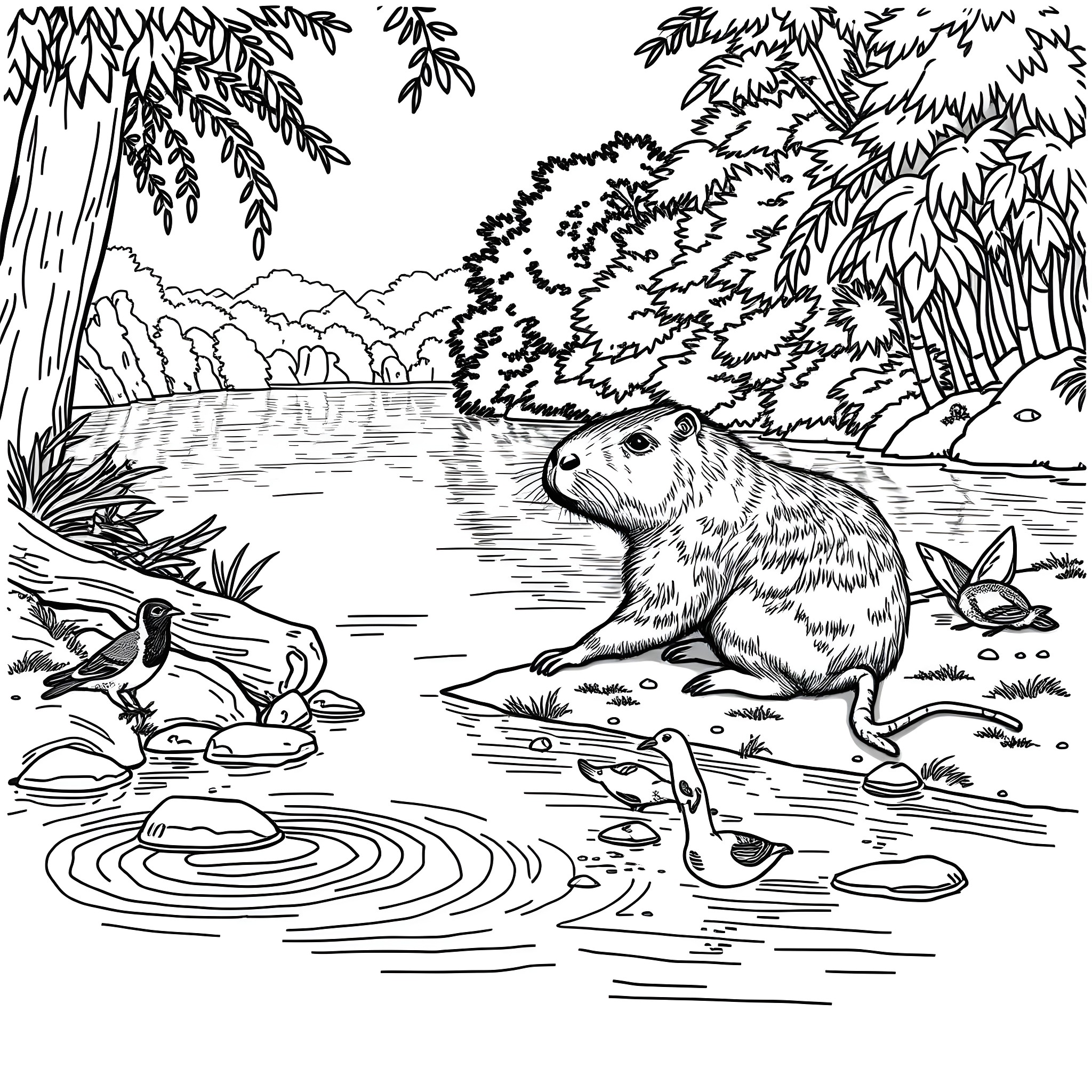 Capybara relaxing by the serene pond Coloring Page (free black-and-white line drawing printable PDF for all, from beginners to advanced learners, including children, teens, adults, and seniors)