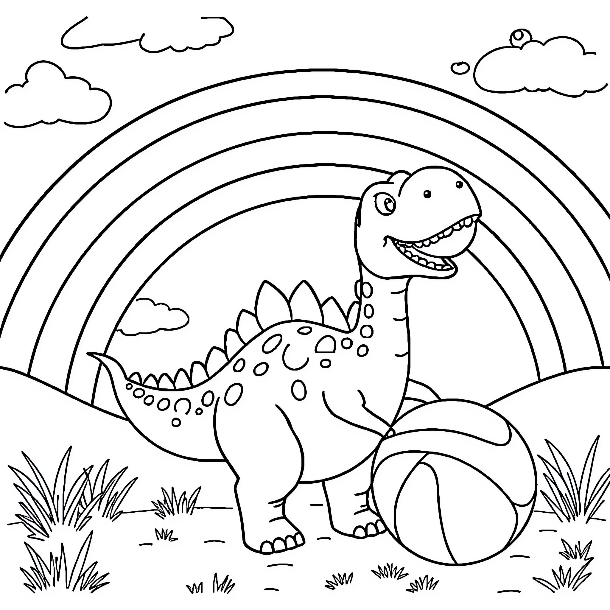 Dinosaur playing with ball under a rainbow Coloring Page (free black-and-white line drawing printable PDF for all, from beginners to advanced learners, including children, teens, adults, and seniors)
