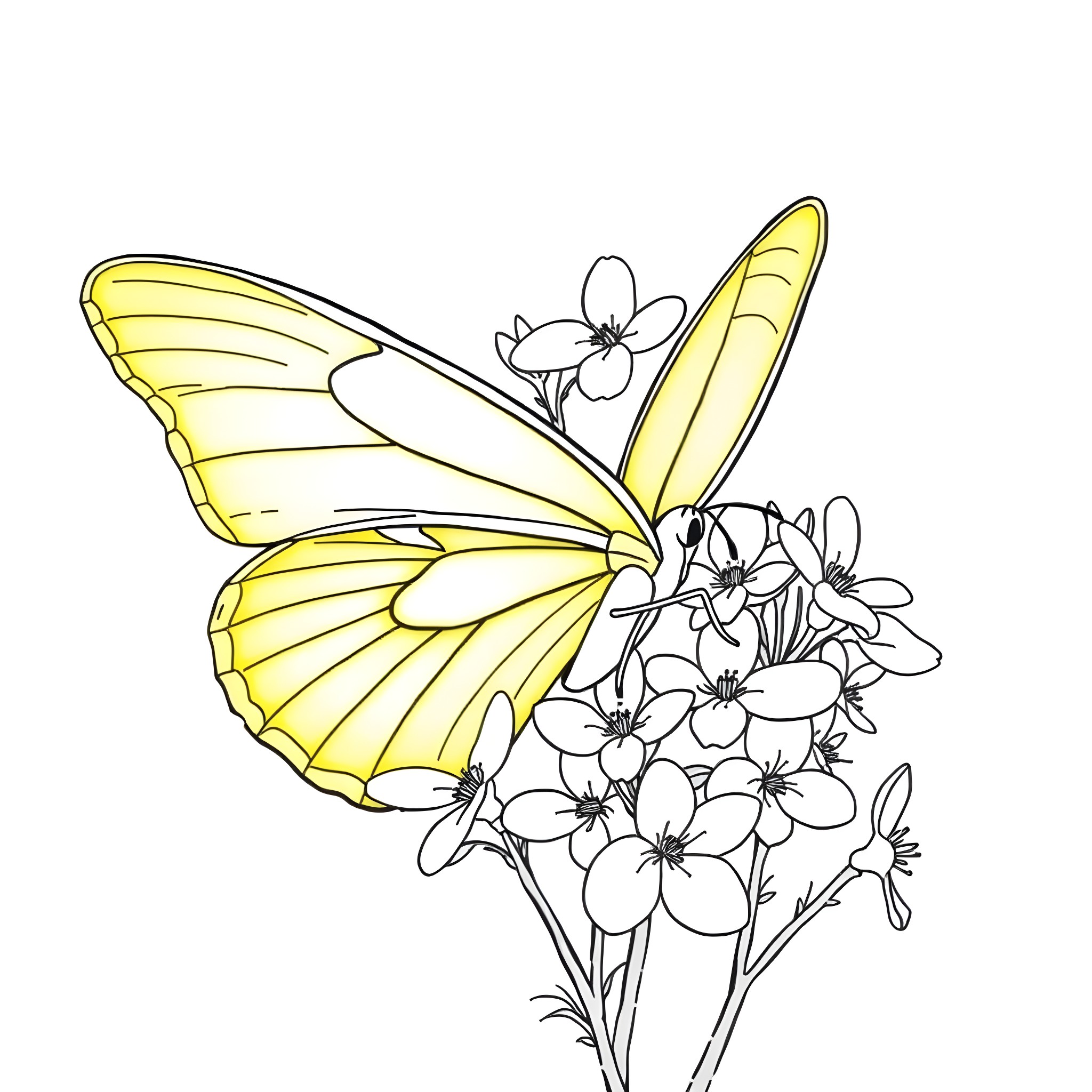 Cloud of a butterfly on a flower Coloring Page (free black-and-white line drawing printable PDF for all, from beginners to advanced learners, including children, teens, adults, and seniors)