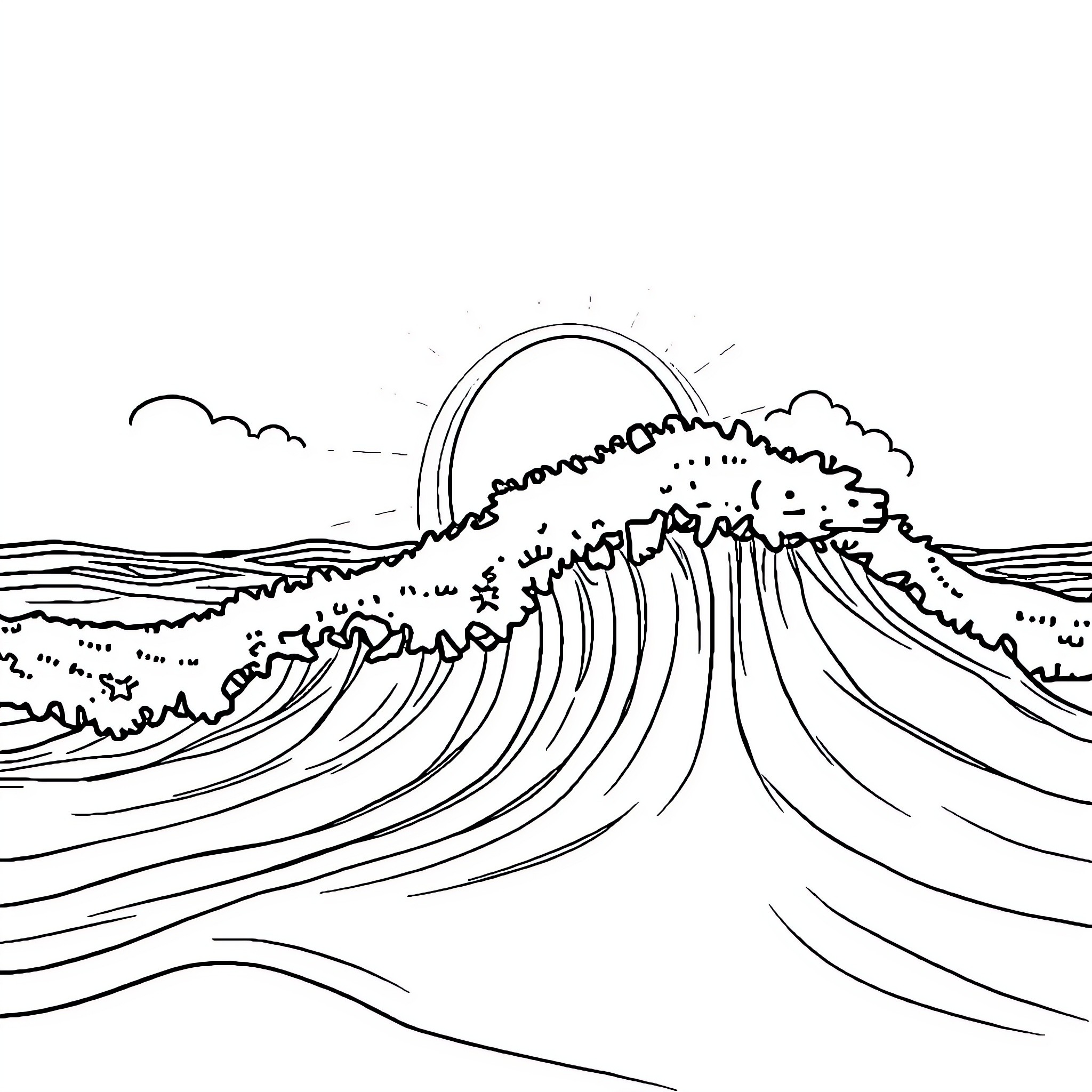 Rainbow waves crashing against the shore Coloring Page (free black-and-white line drawing printable PDF for all, from beginners to advanced learners, including children, teens, adults, and seniors)