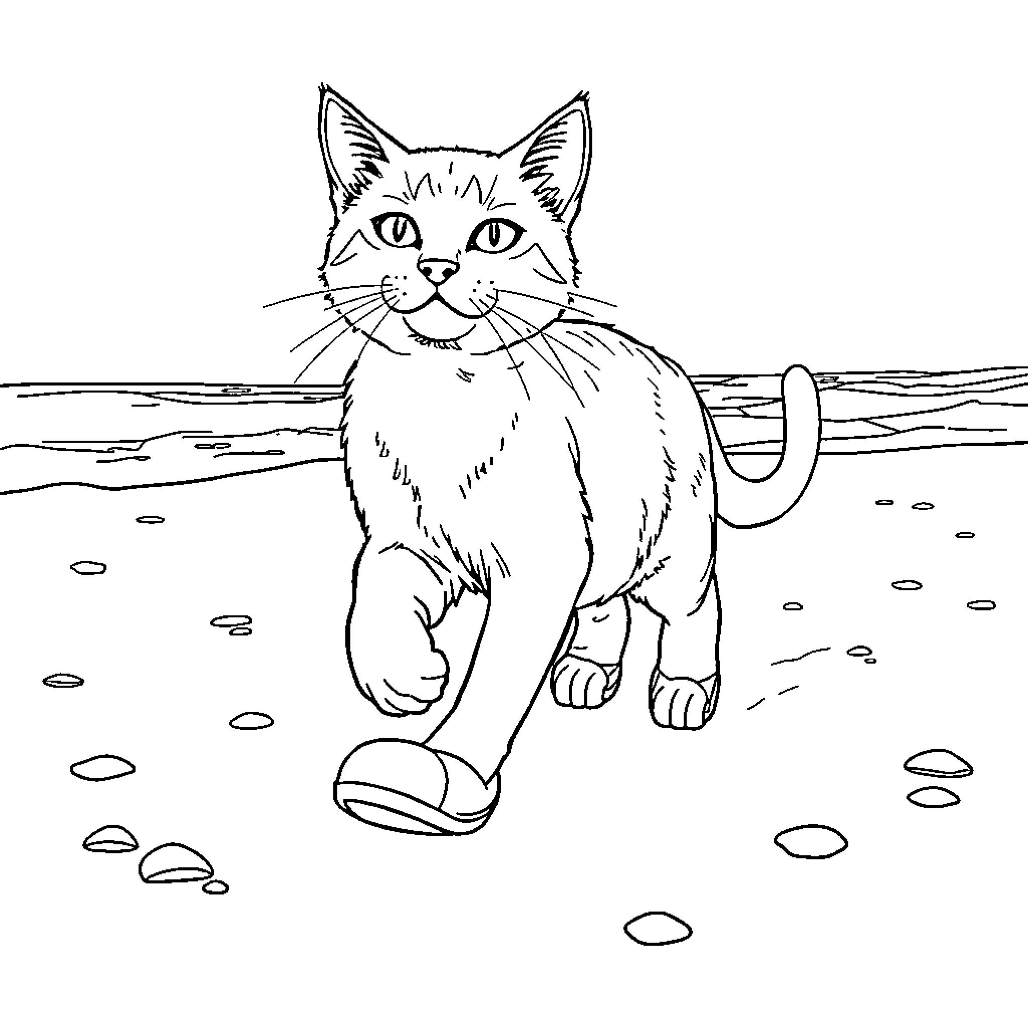 Cat exploring the beach Coloring Page (free black-and-white line drawing printable PDF for all, from beginners to advanced learners, including children, teens, adults, and seniors)