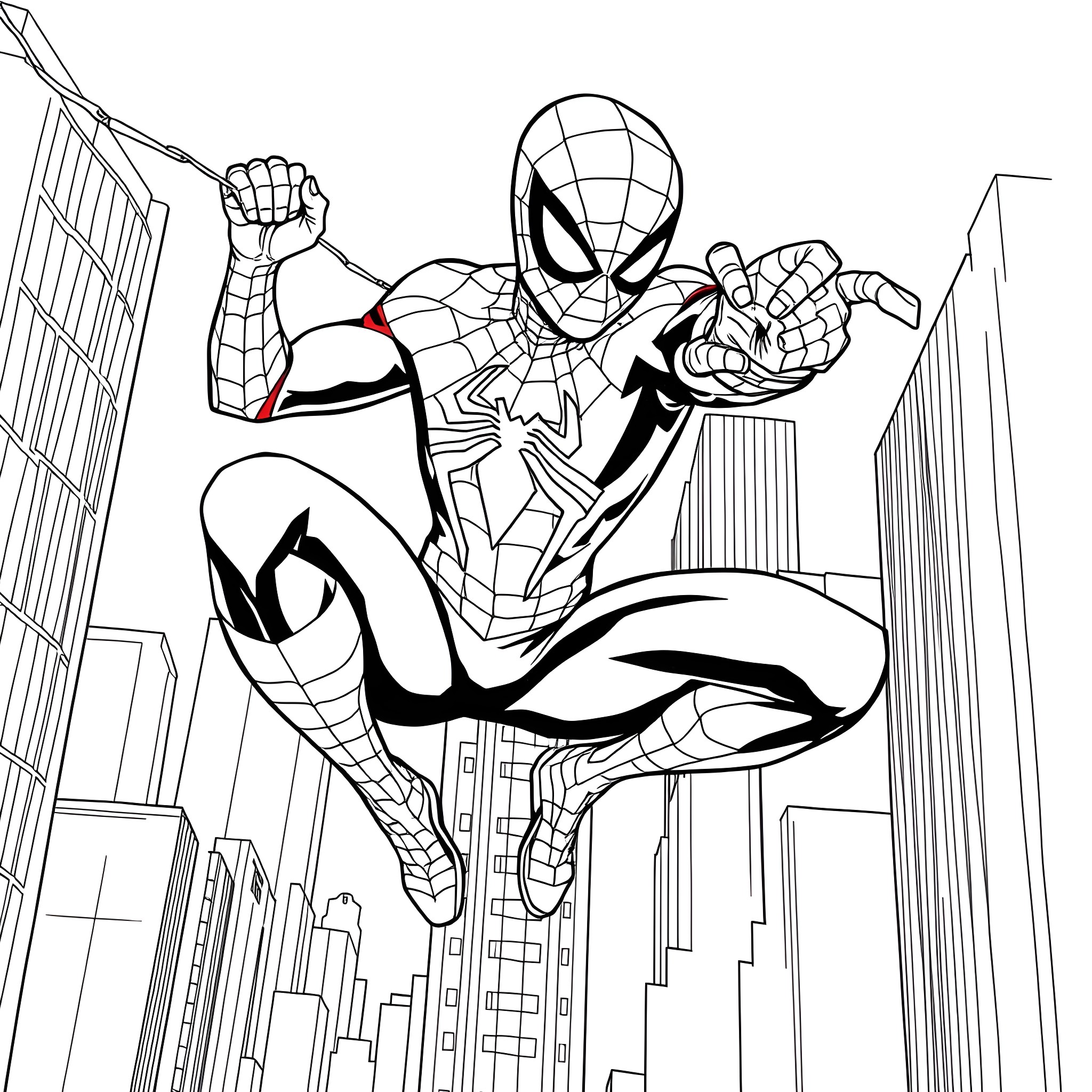 Spider-Boy jumping through the skyscrapers Coloring Page (free black-and-white line drawing printable PDF for all, from beginners to advanced learners, including children, teens, adults, and seniors)