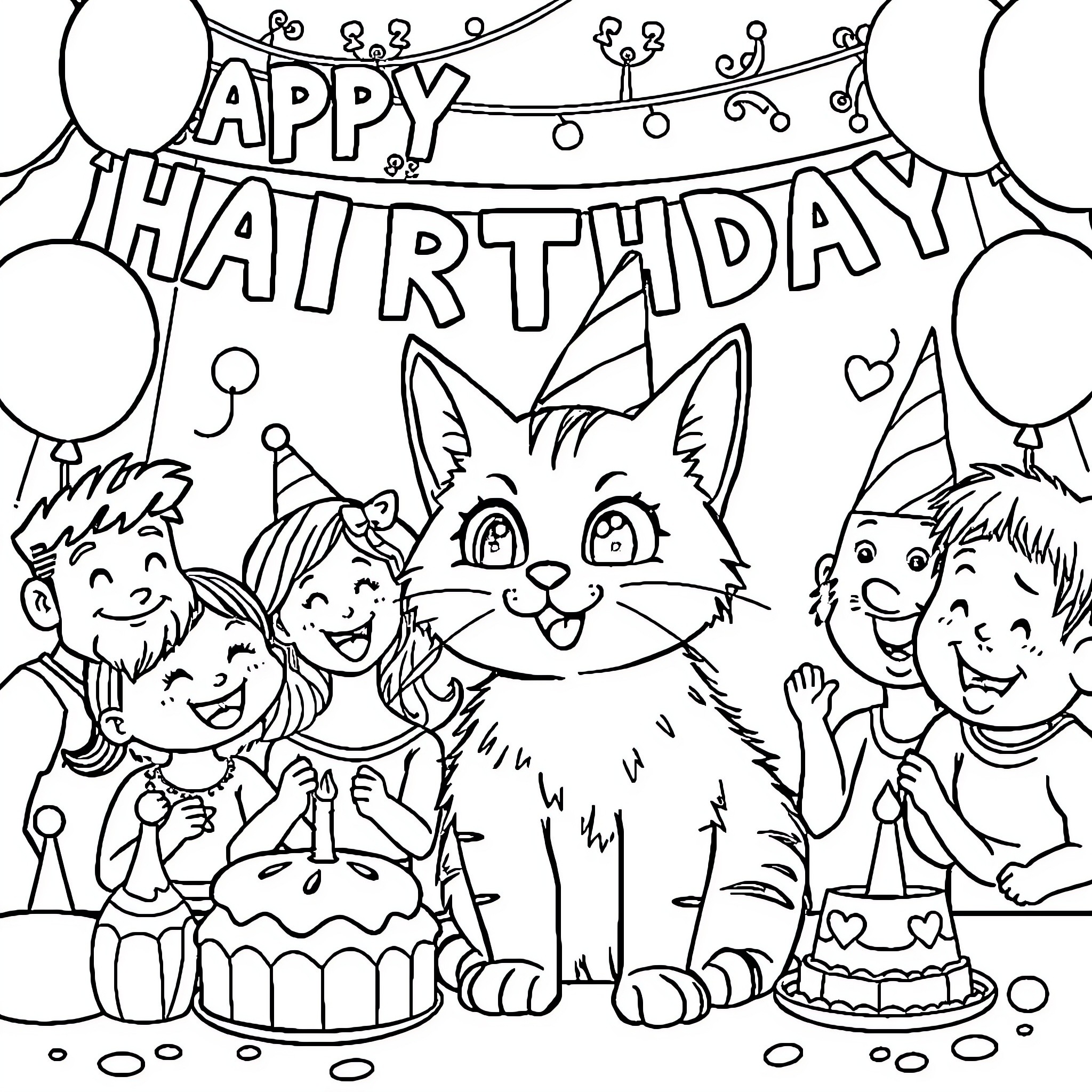 Cat celebrating a happy birthday with friends Coloring Page (free black-and-white line drawing printable PDF for all, from beginners to advanced learners, including children, teens, adults, and seniors)
