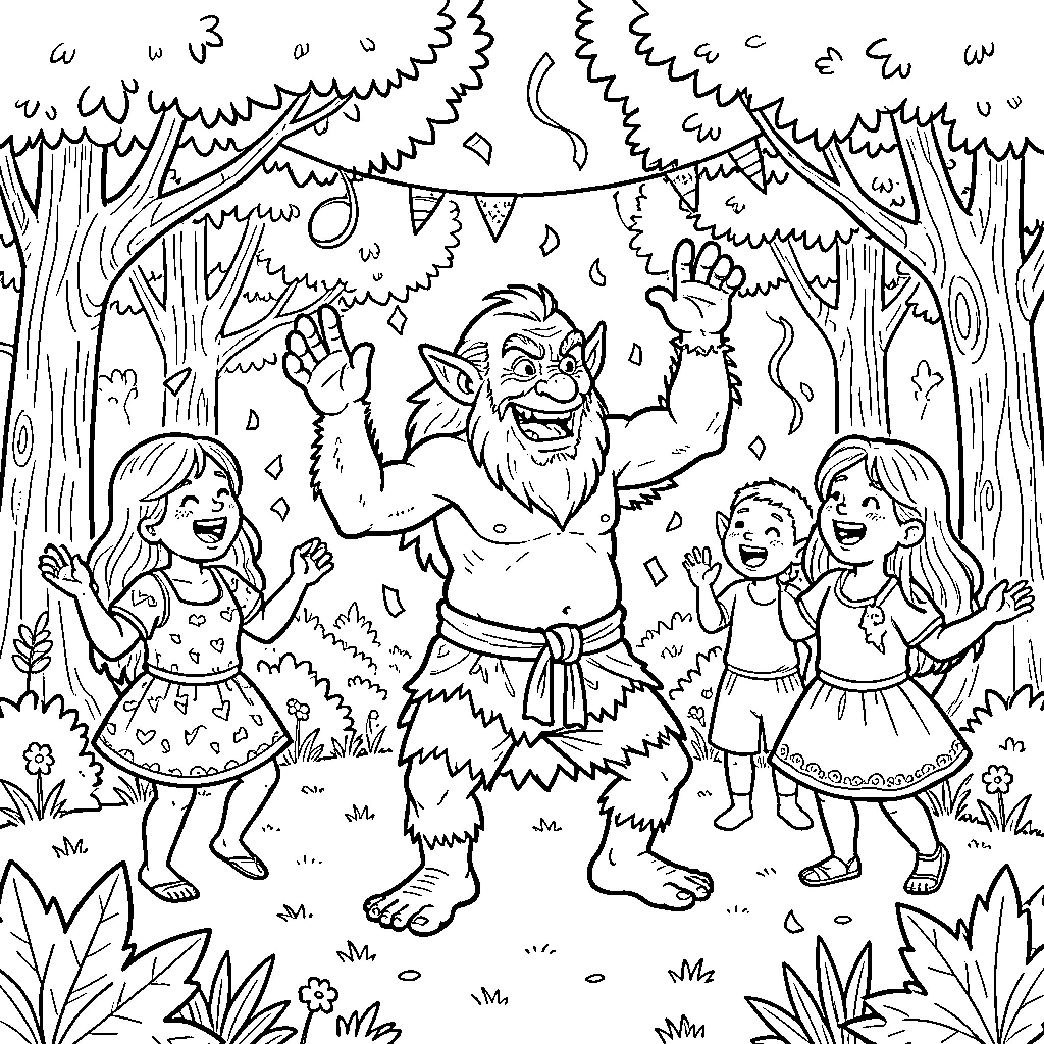 Troll dancing joyfully with children in a forest Coloring Page (free black-and-white line drawing printable PDF for all, from beginners to advanced learners, including children, teens, adults, and seniors)
