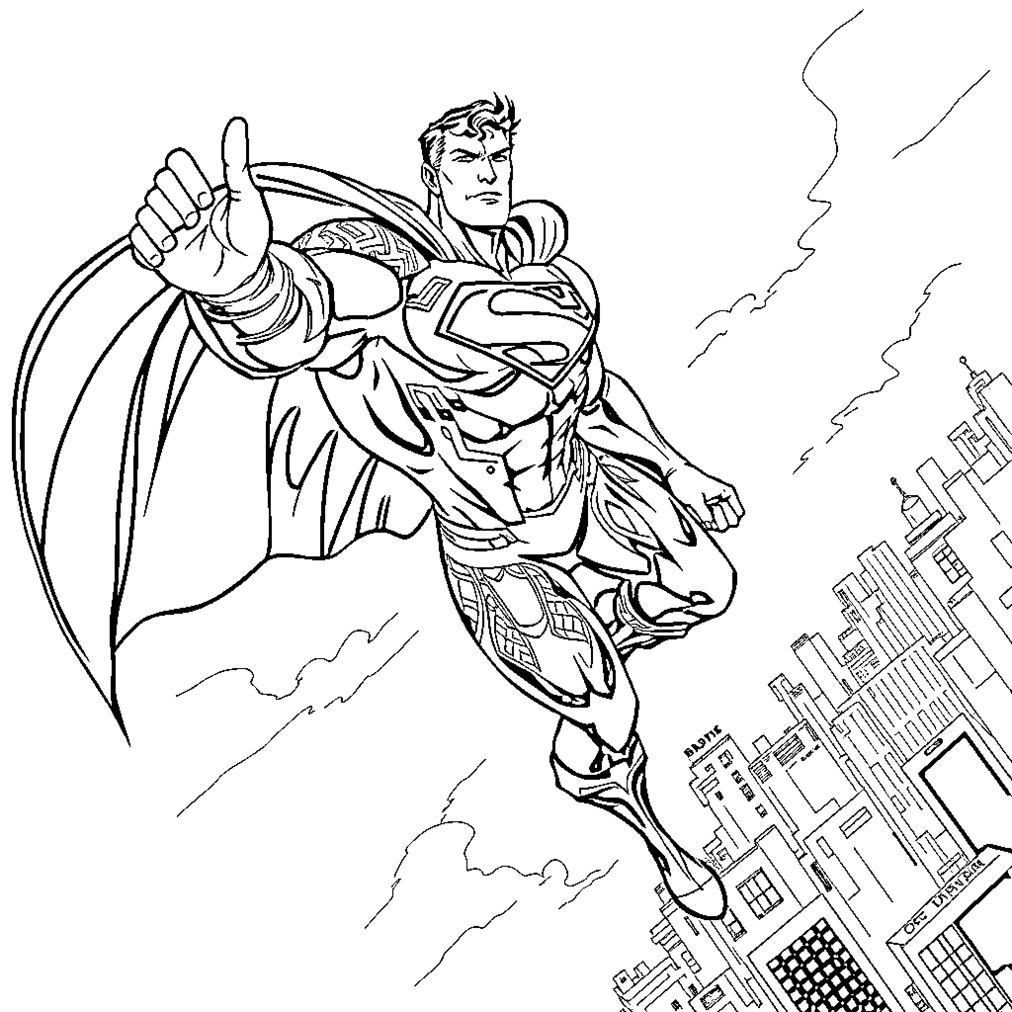 Superman leaping into action over the city Coloring Page (free black-and-white line drawing printable PDF for all, from beginners to advanced learners, including children, teens, adults, and seniors)