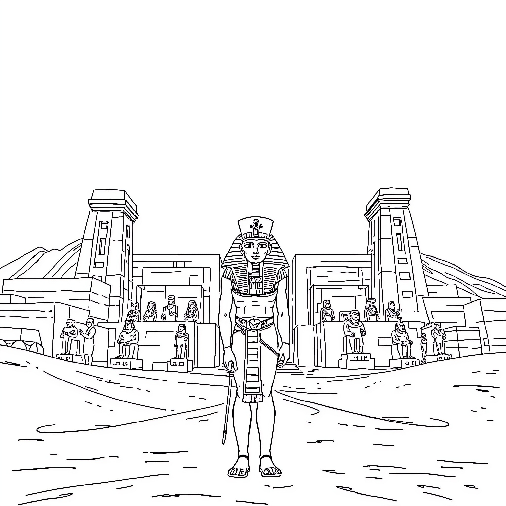 Akhenaten among the grand monuments of ancient Egypt Coloring Page (free black-and-white line drawing printable PDF for all, from beginners to advanced learners, including children, teens, adults, and seniors)
