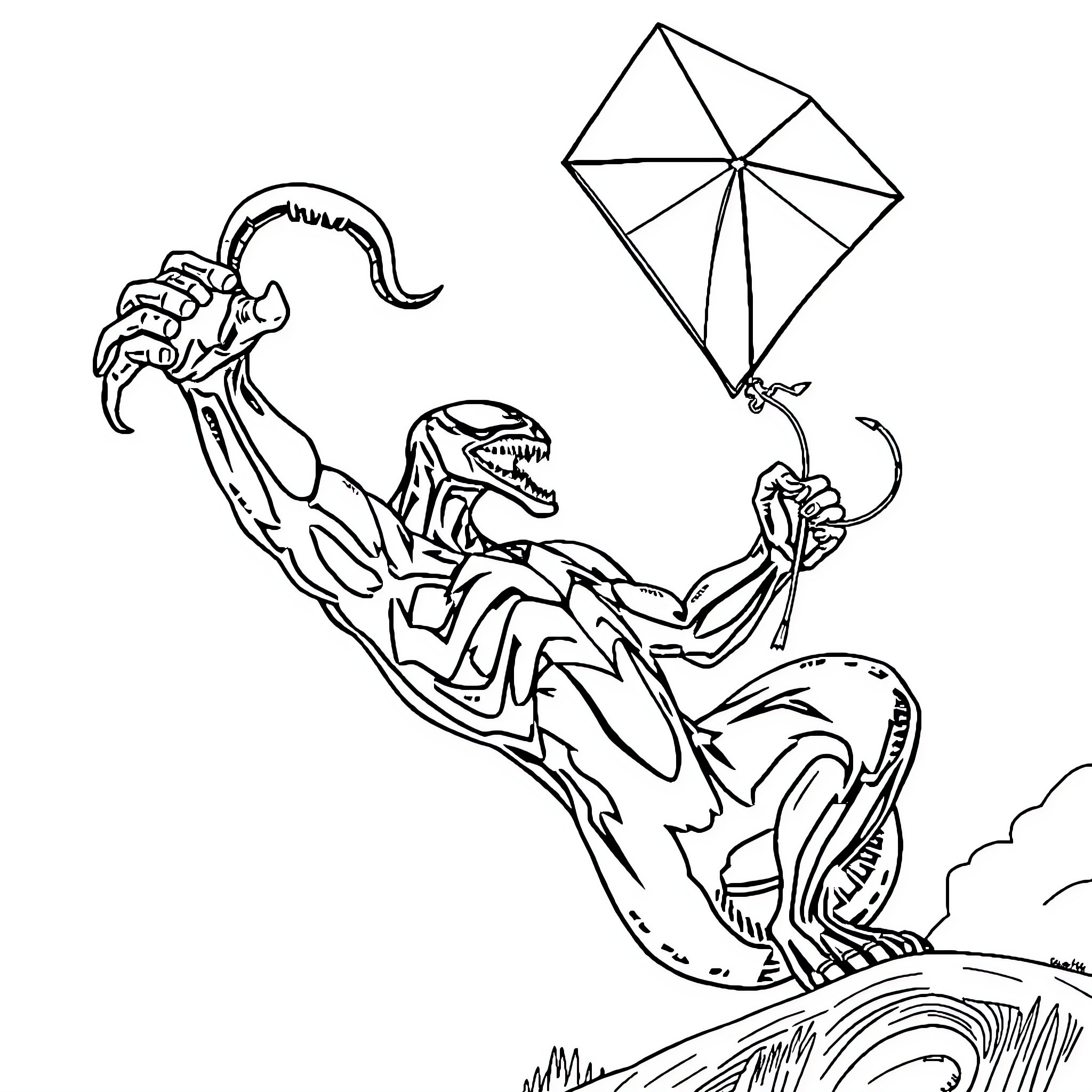 Venom in action with kite soaring Coloring Page (free black-and-white line drawing printable PDF for all, from beginners to advanced learners, including children, teens, adults, and seniors)