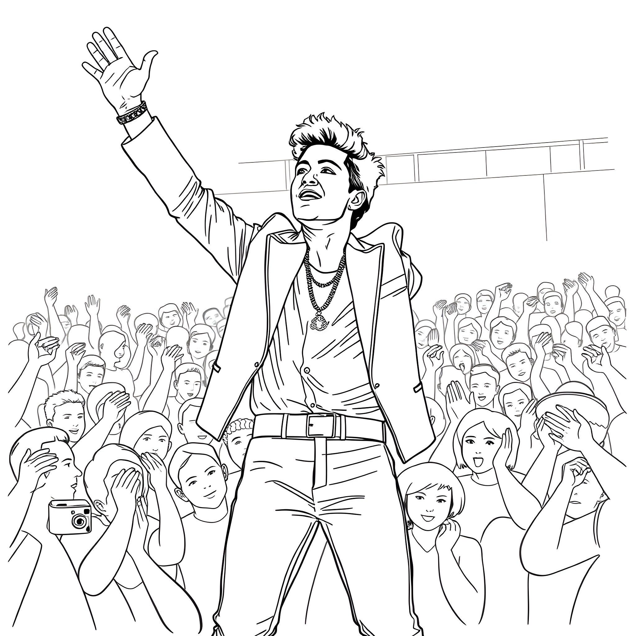 Bruno Mars performing energetically on stage with audience Coloring Page (free black-and-white line drawing printable PDF for all, from beginners to advanced learners, including children, teens, adults, and seniors)
