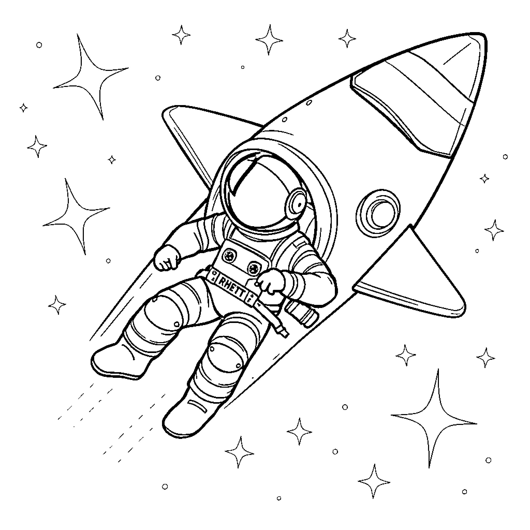 Space Ship Astronaut Exploring the Cosmos Coloring Page (free black-and-white line drawing printable PDF for all, from beginners to advanced learners, including children, teens, adults, and seniors)