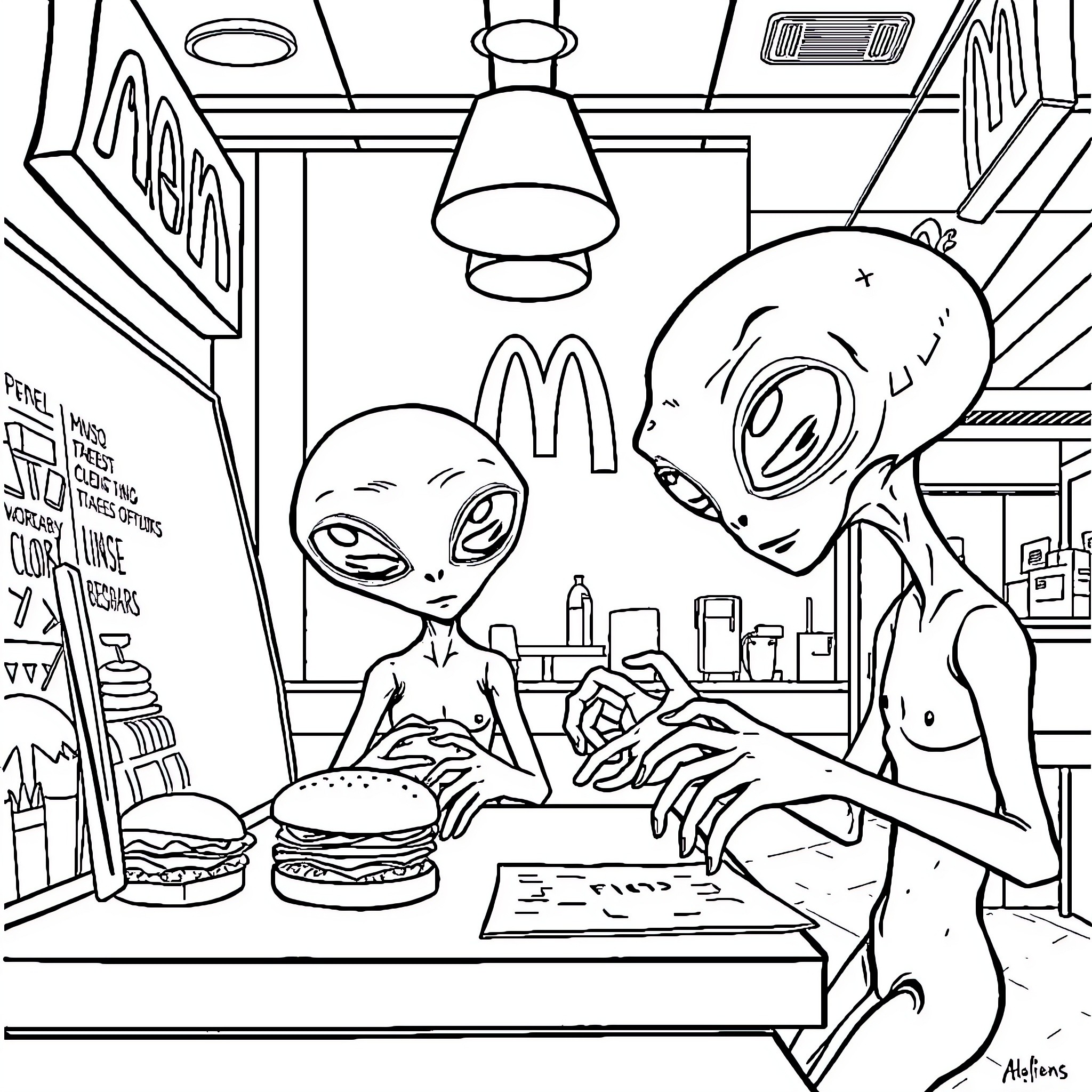 Alien beings dining at a fast-food restaurant Coloring Page (free black-and-white line drawing printable PDF for all, from beginners to advanced learners, including children, teens, adults, and seniors)