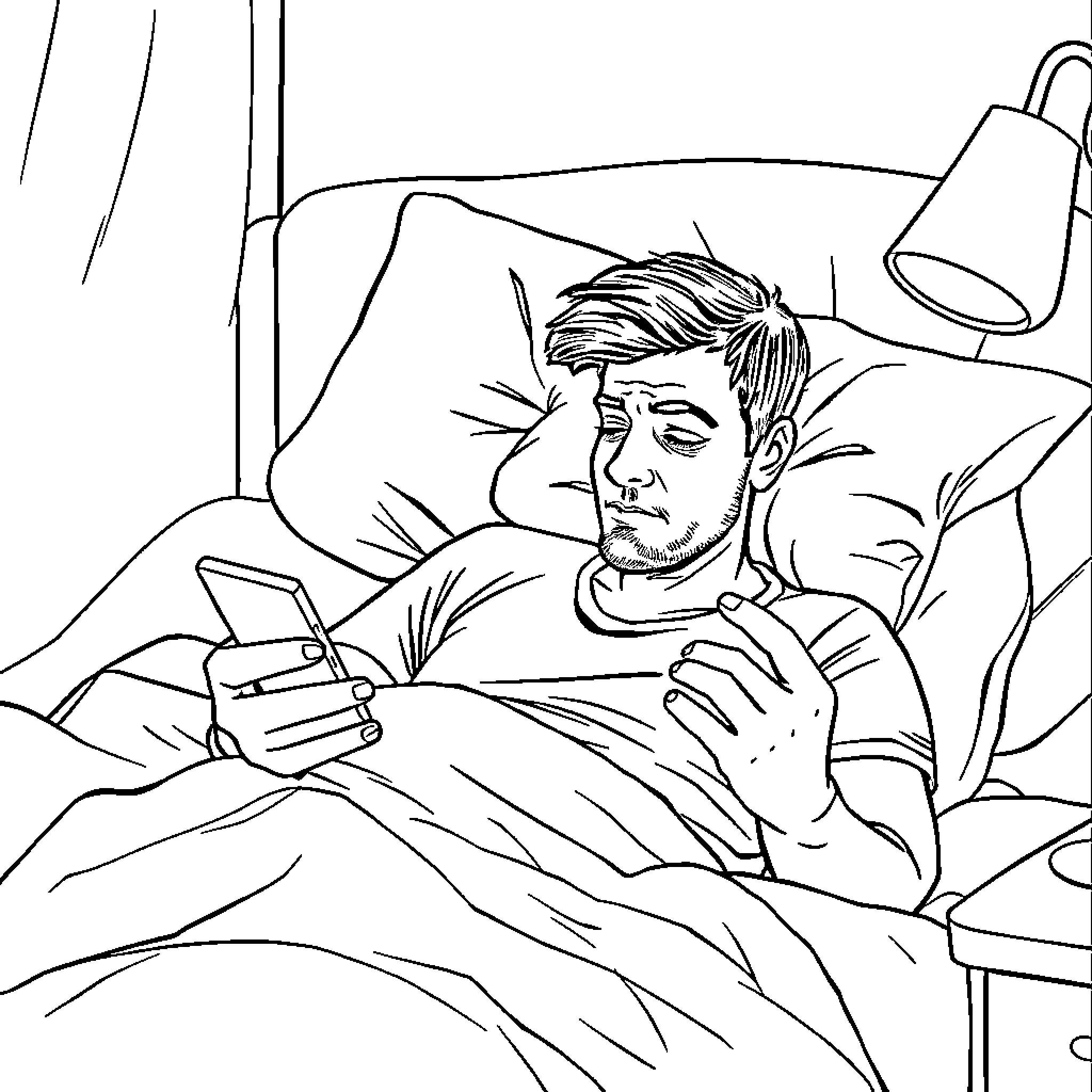 Dad resting and using mobile phone on bed Coloring Page (free black-and-white line drawing printable PDF for all, from beginners to advanced learners, including children, teens, adults, and seniors)