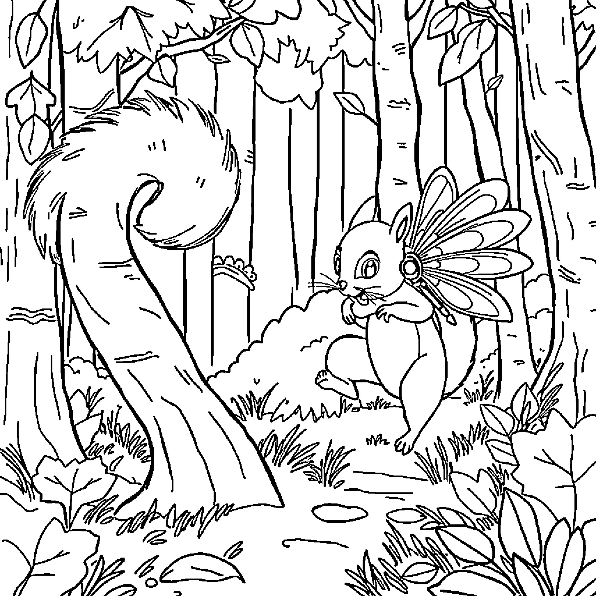 Squirrel exploring the lively forest Coloring Page (free black-and-white line drawing printable PDF for all, from beginners to advanced learners, including children, teens, adults, and seniors)