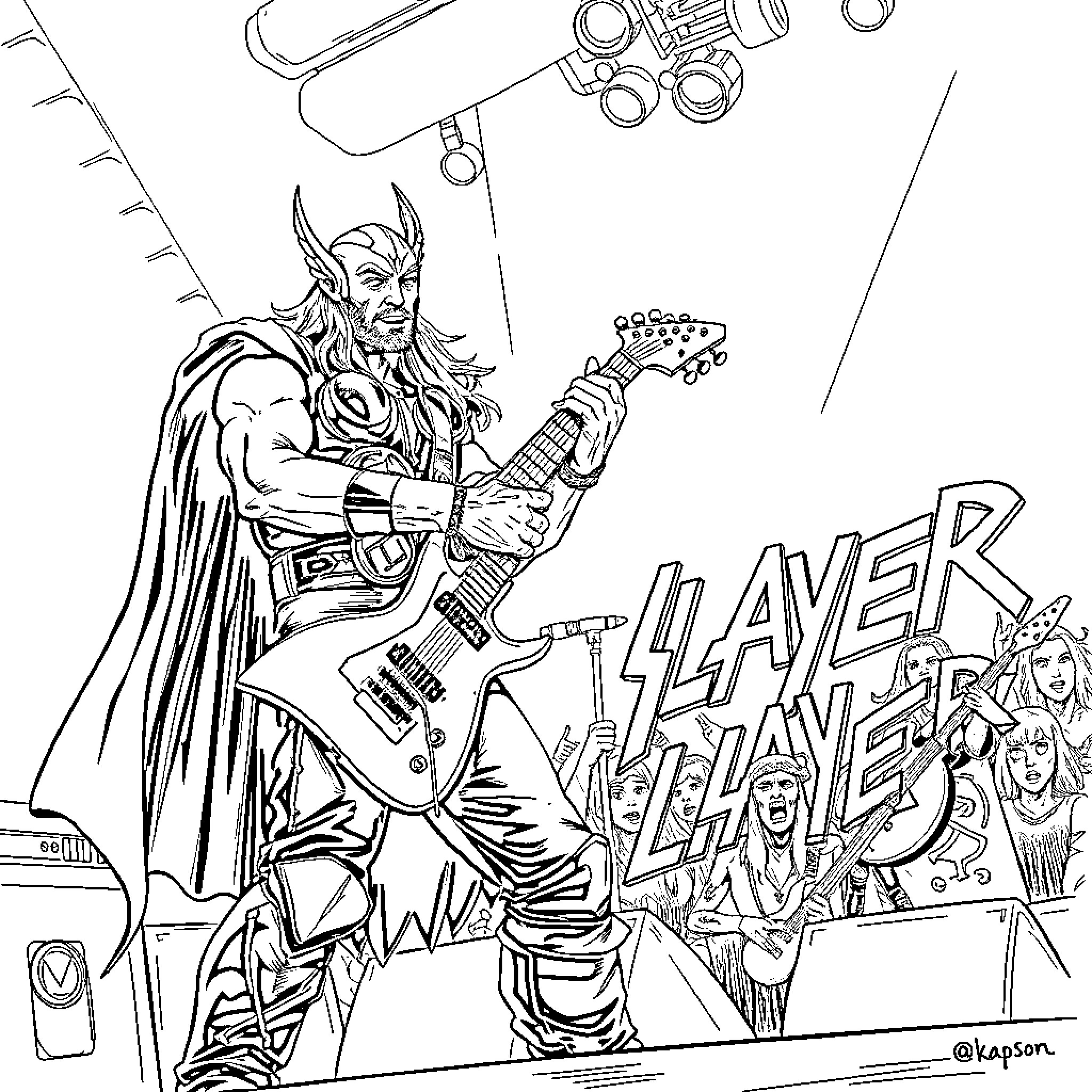 Thor rocking out with electric guitar on stage Coloring Page (free black-and-white line drawing printable PDF for all, from beginners to advanced learners, including children, teens, adults, and seniors)