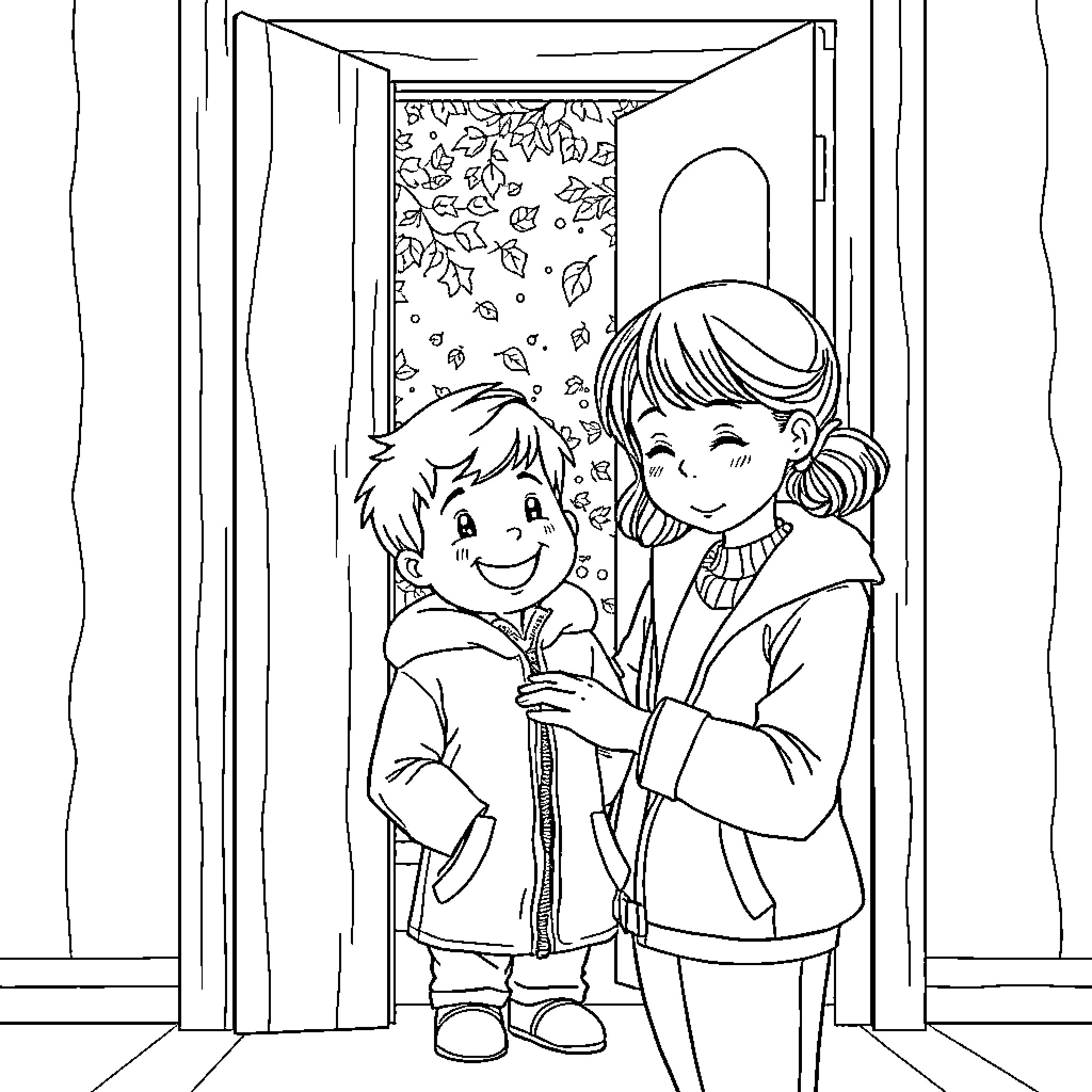 Child friends embrace in doorway Coloring Page (free black-and-white line drawing printable PDF for all, from beginners to advanced learners, including children, teens, adults, and seniors)