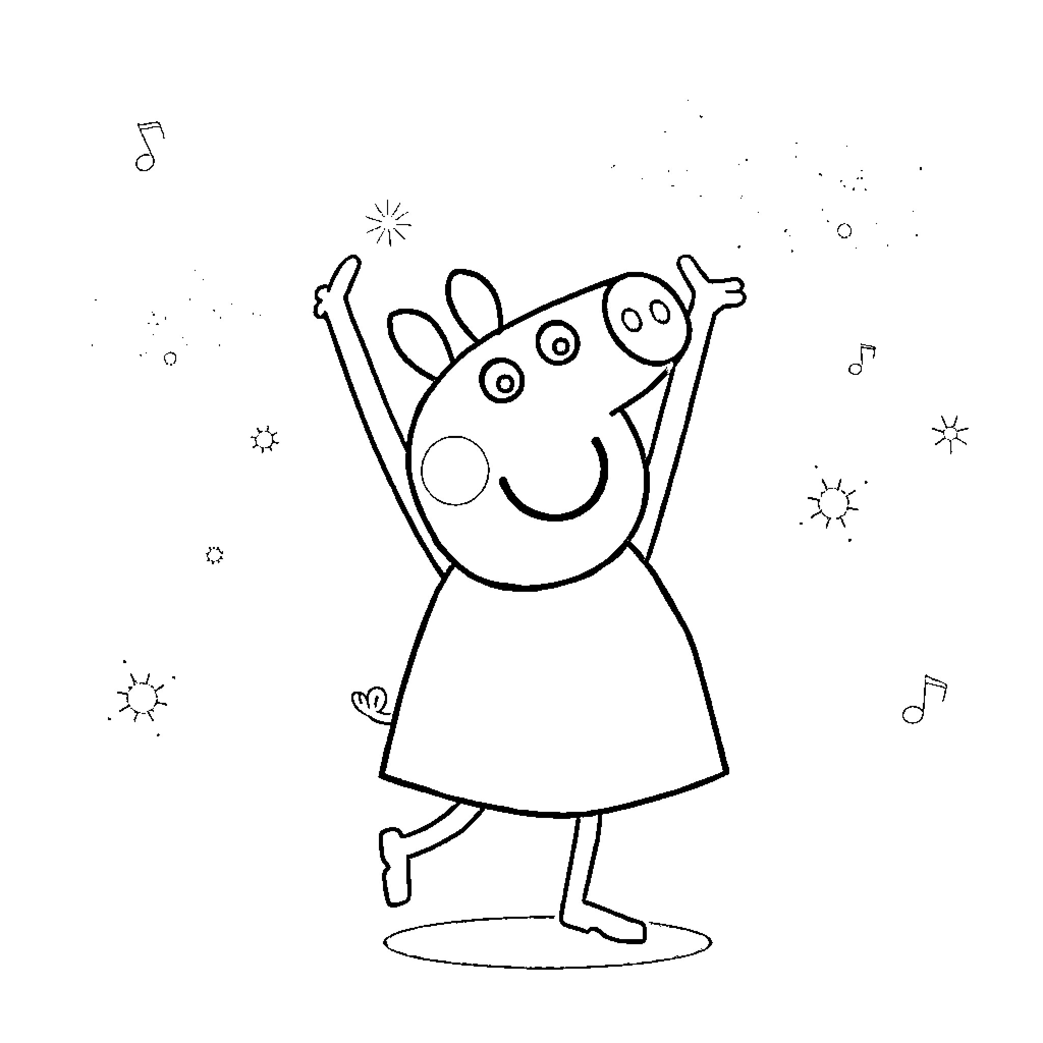 Peppa Pig dancing happily with stars Coloring Page (free black-and-white line drawing printable PDF for all, from beginners to advanced learners, including children, teens, adults, and seniors)