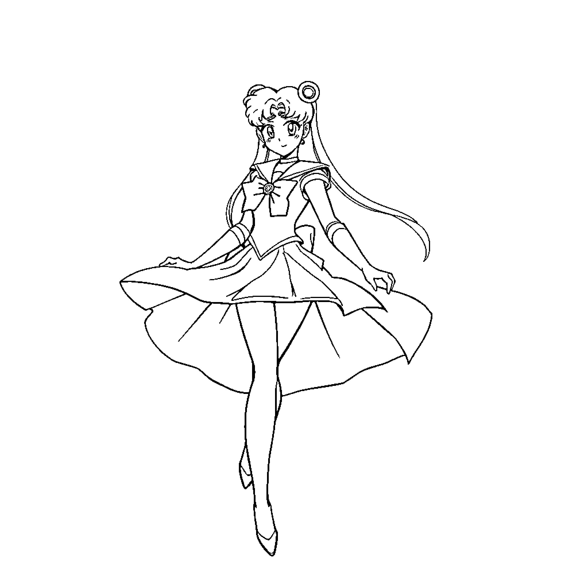 Sailor Moon in an elegant posing Coloring Page (free black-and-white line drawing printable PDF for all, from beginners to advanced learners, including children, teens, adults, and seniors)