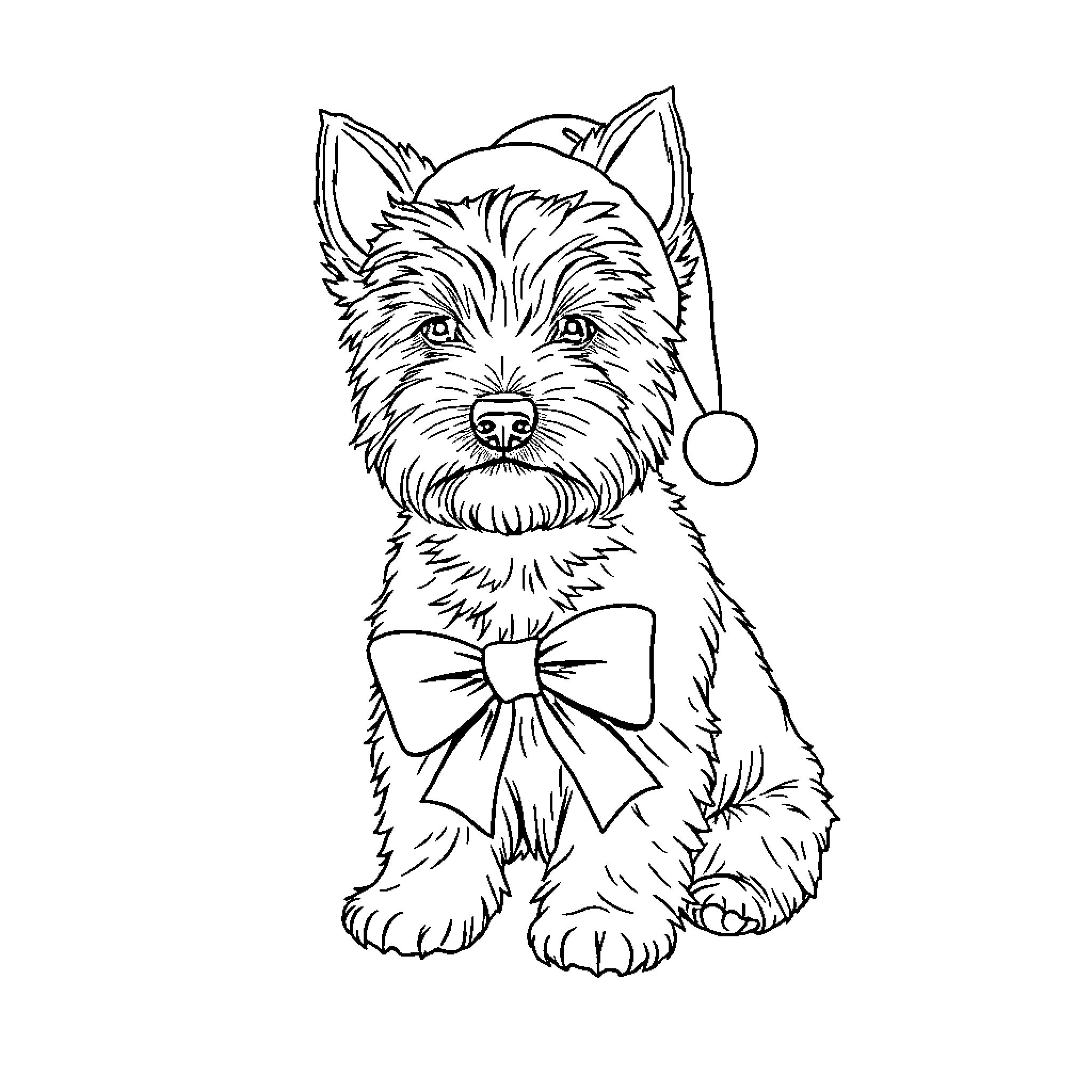 West Highland White Terrier wearing a bow tie and jingle bell collar Coloring Page (free black-and-white line drawing printable PDF for all, from beginners to advanced learners, including children, teens, adults, and seniors)
