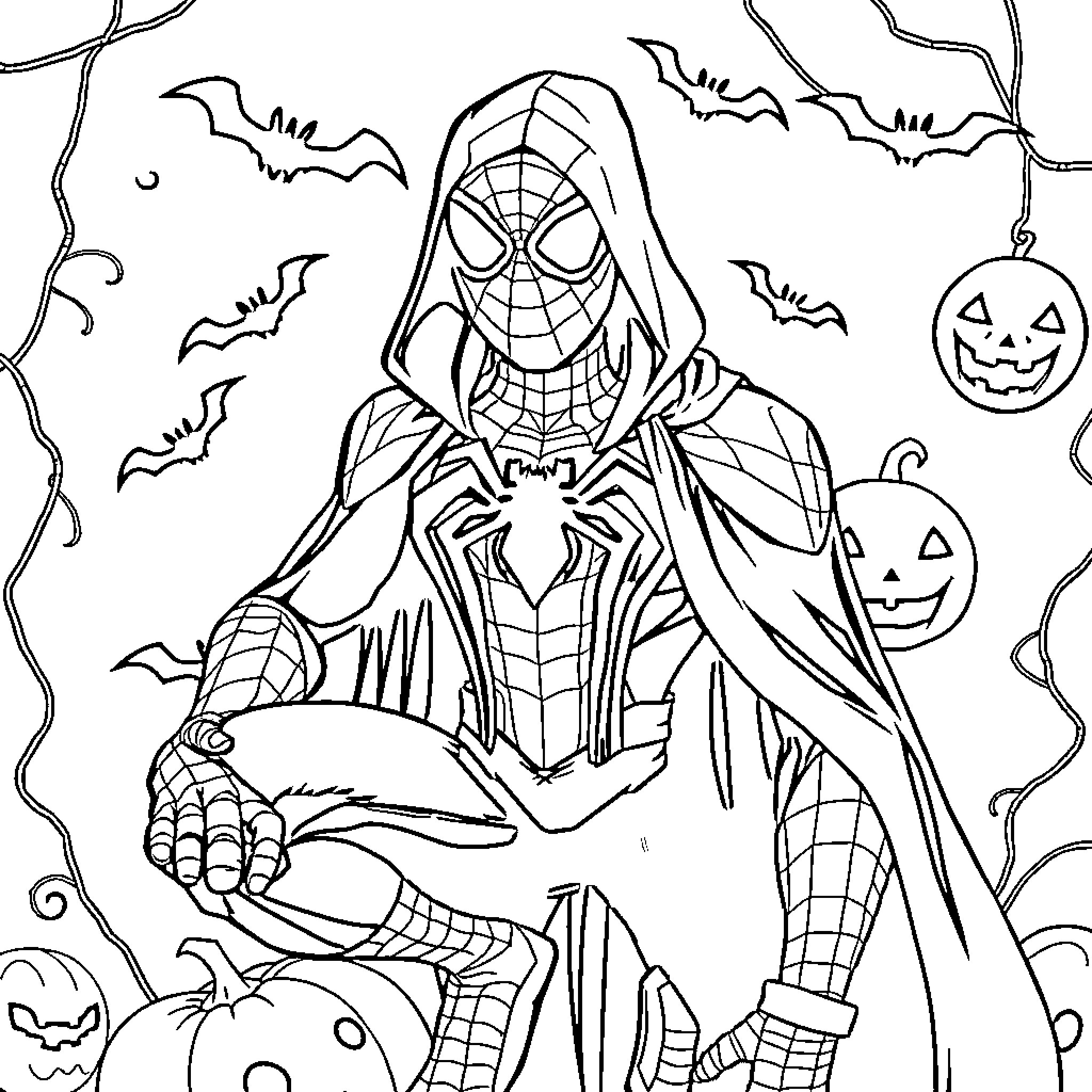 Spider-Man in Halloween Costume Adventure Coloring Page (free black-and-white line drawing printable PDF for all, from beginners to advanced learners, including children, teens, adults, and seniors)