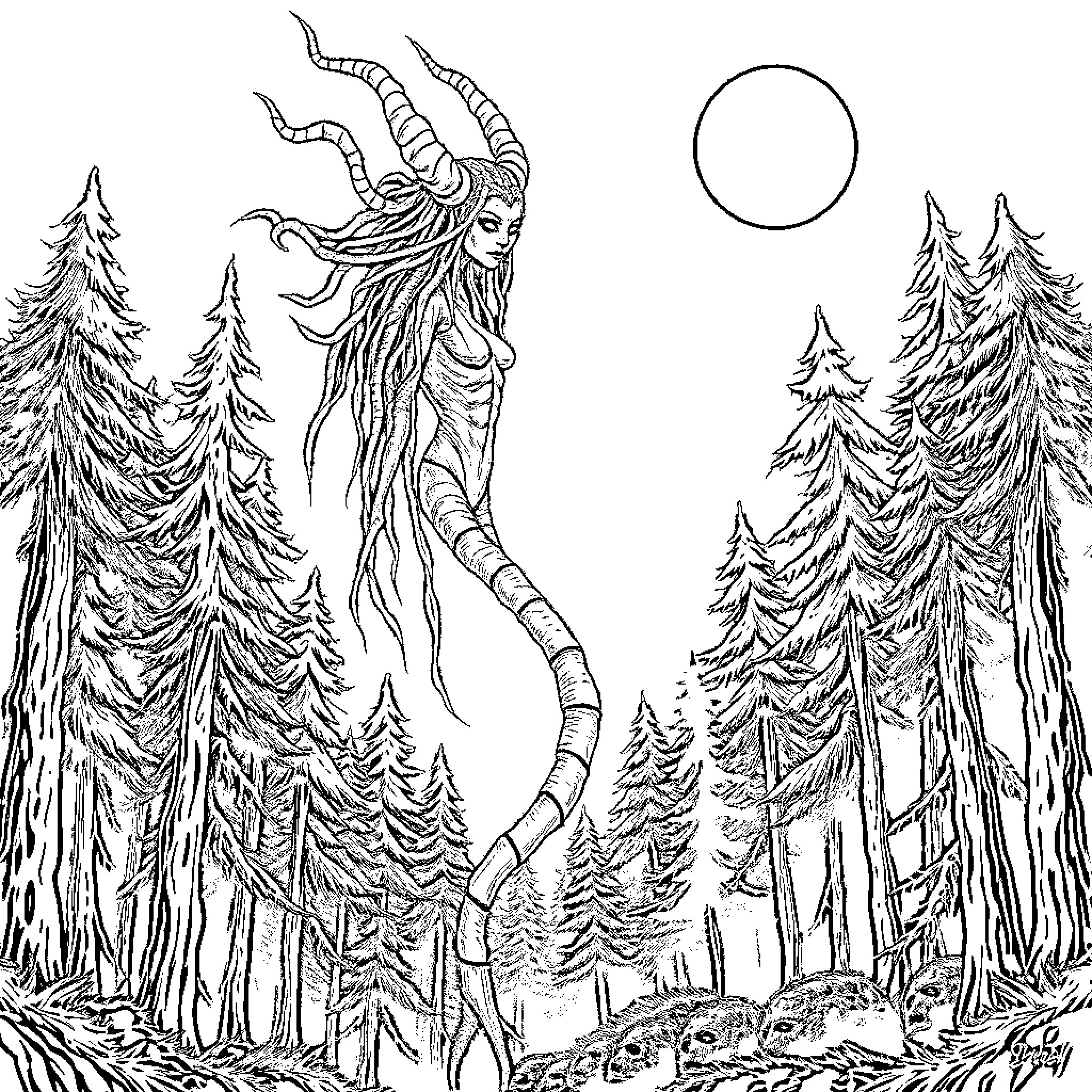 Siren Head rising amidst the forest landscape Coloring Page (free black-and-white line drawing printable PDF for all, from beginners to advanced learners, including children, teens, adults, and seniors)