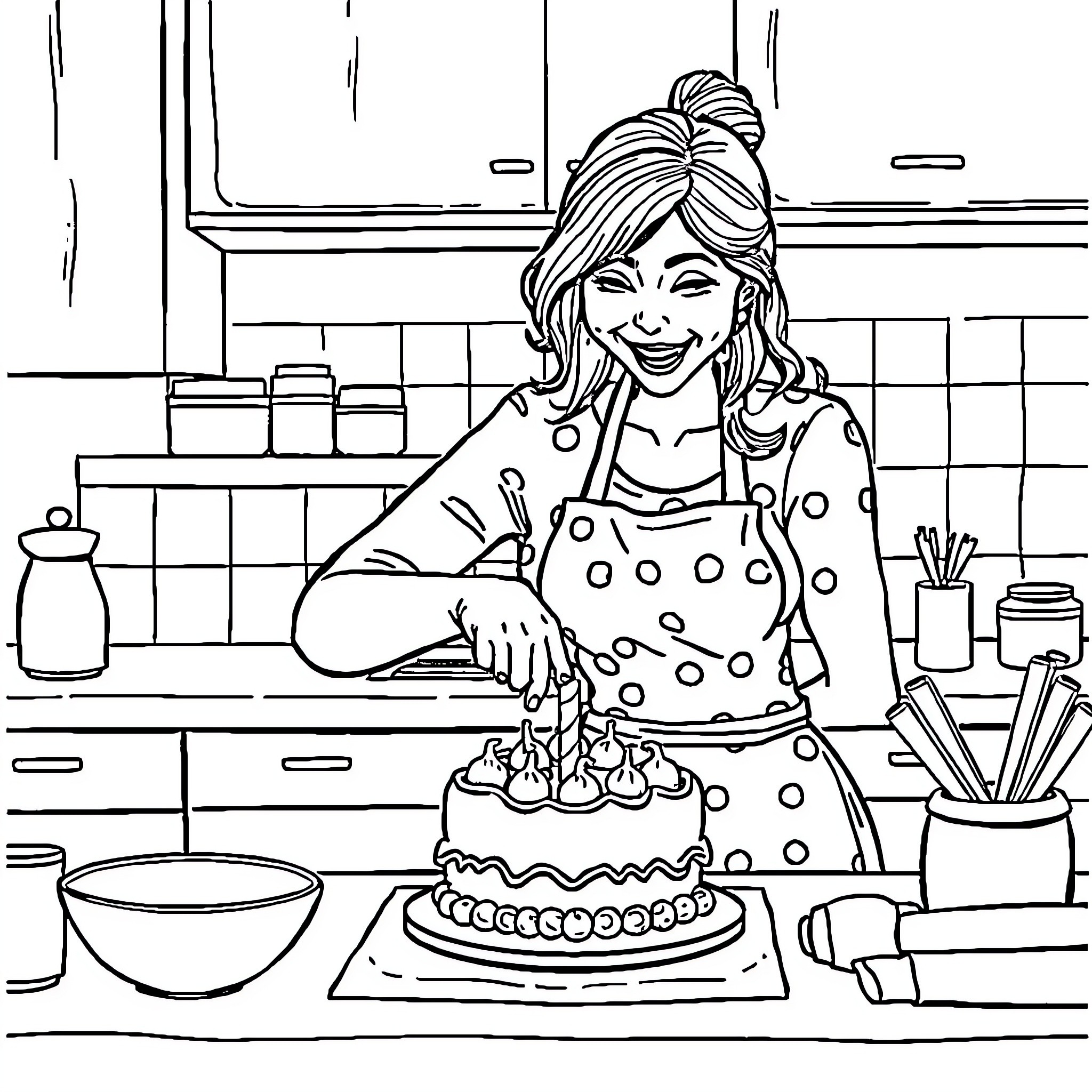 Wife happily decorating a cake in the kitchen Coloring Page (free black-and-white line drawing printable PDF for all, from beginners to advanced learners, including children, teens, adults, and seniors)