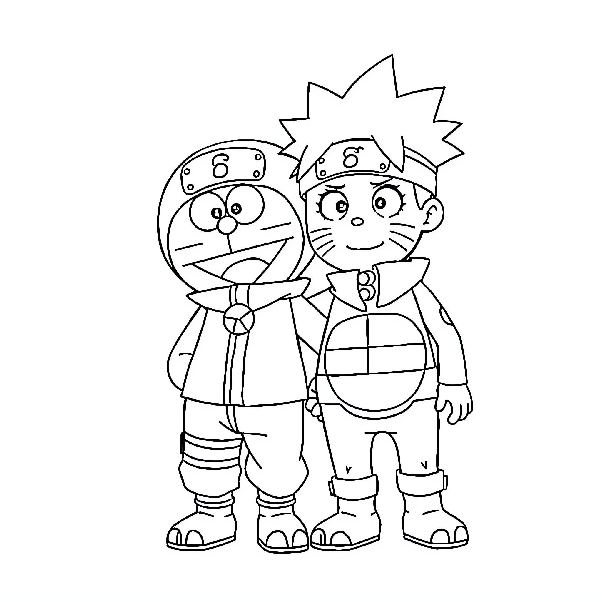 Doraemon and Nobita playing together Coloring Page (free black-and-white line drawing printable PDF for all, from beginners to advanced learners, including children, teens, adults, and seniors)