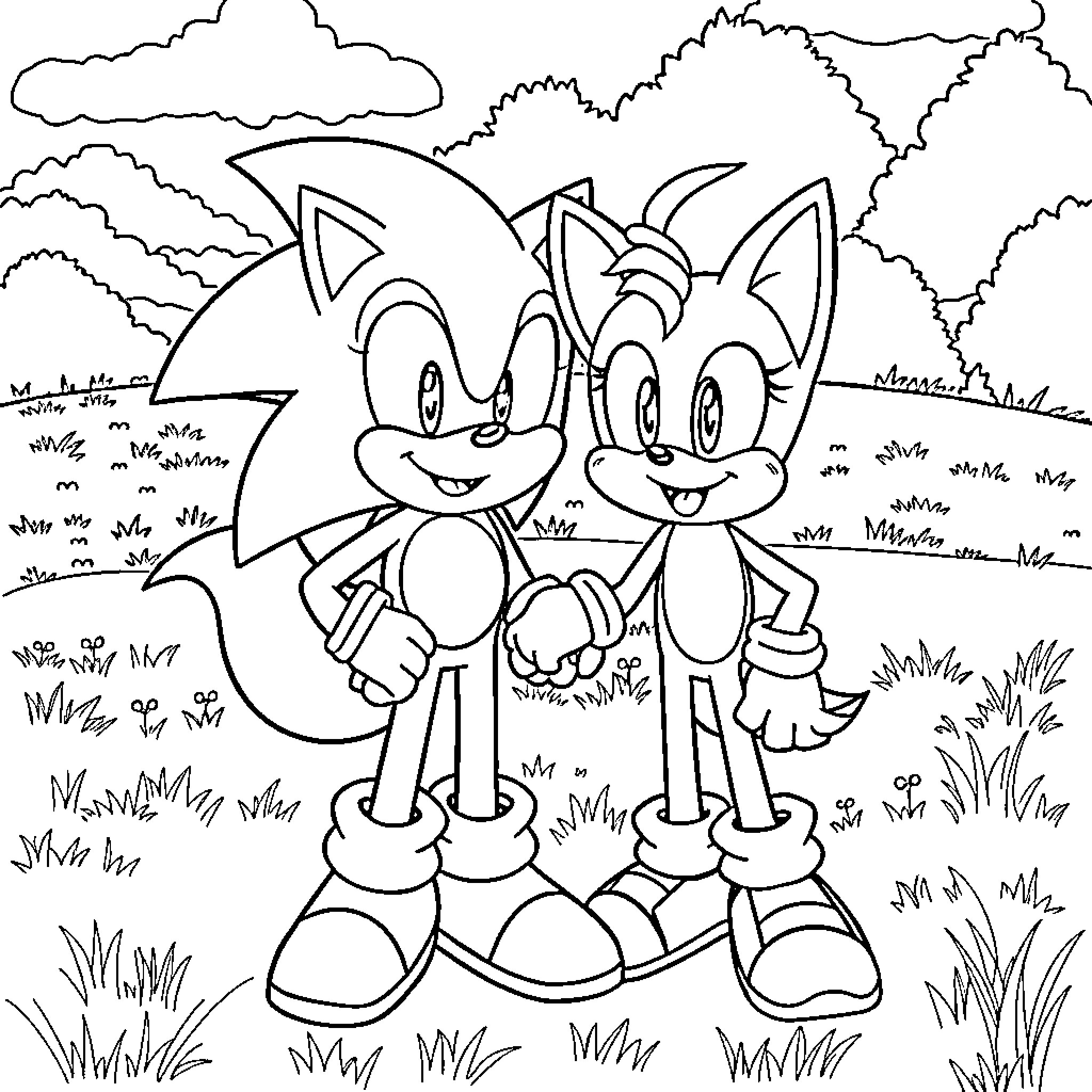 Sonic characters in a cheerful outdoor setting Coloring Page (free black-and-white line drawing printable PDF for all, from beginners to advanced learners, including children, teens, adults, and seniors)