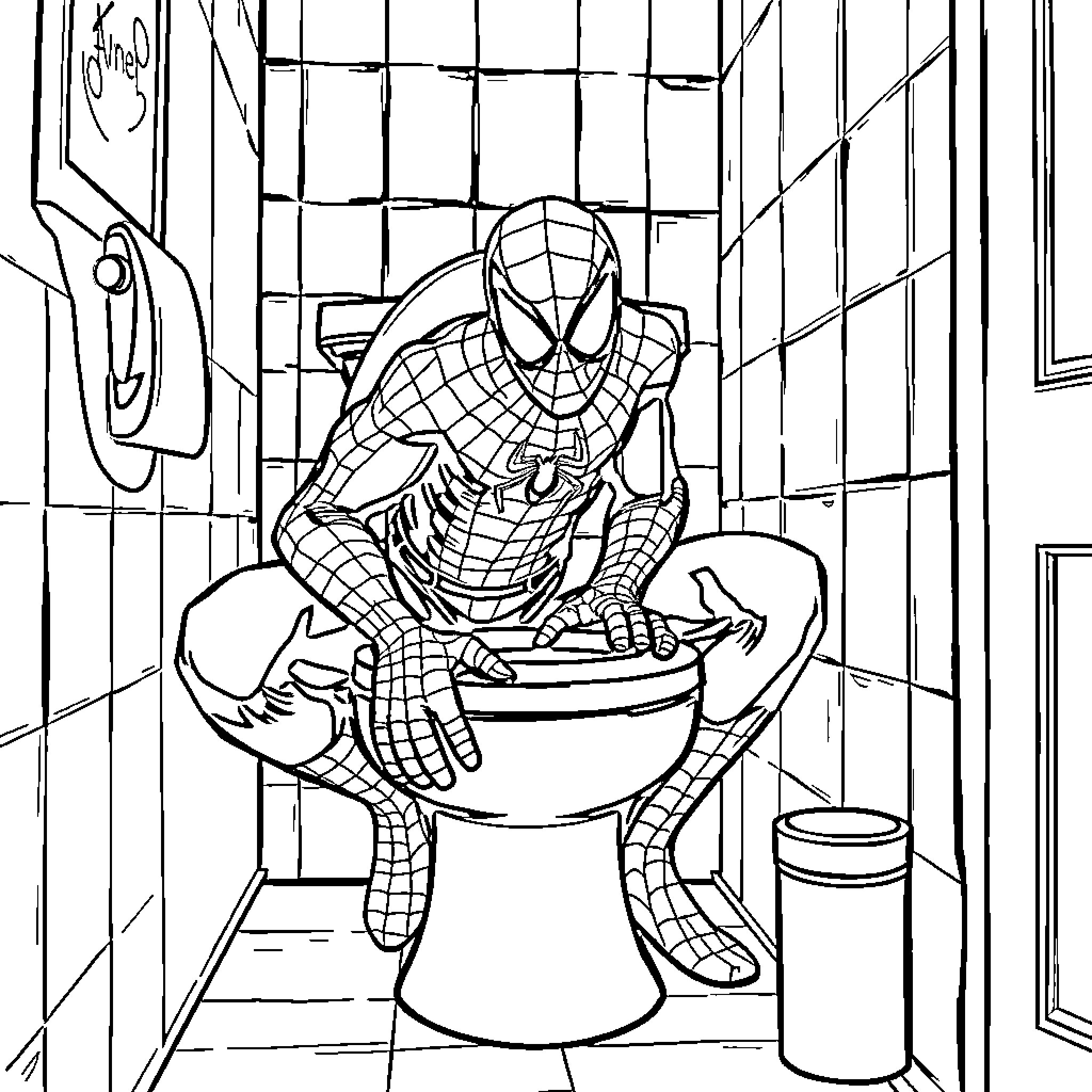 Spiderman Sitting on Toilet in Bathroom Coloring Page (free black-and-white line drawing printable PDF for all, from beginners to advanced learners, including children, teens, adults, and seniors)