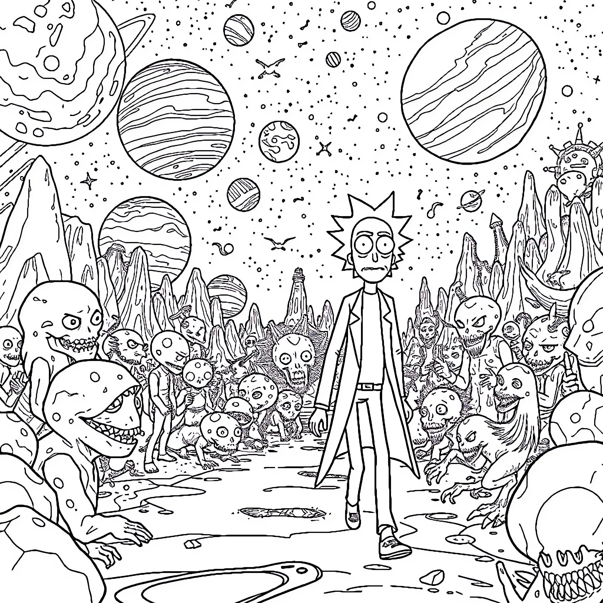 Rick And Morty in a Cosmic Wonderland Coloring Page (free black-and-white line drawing printable PDF for all, from beginners to advanced learners, including children, teens, adults, and seniors)