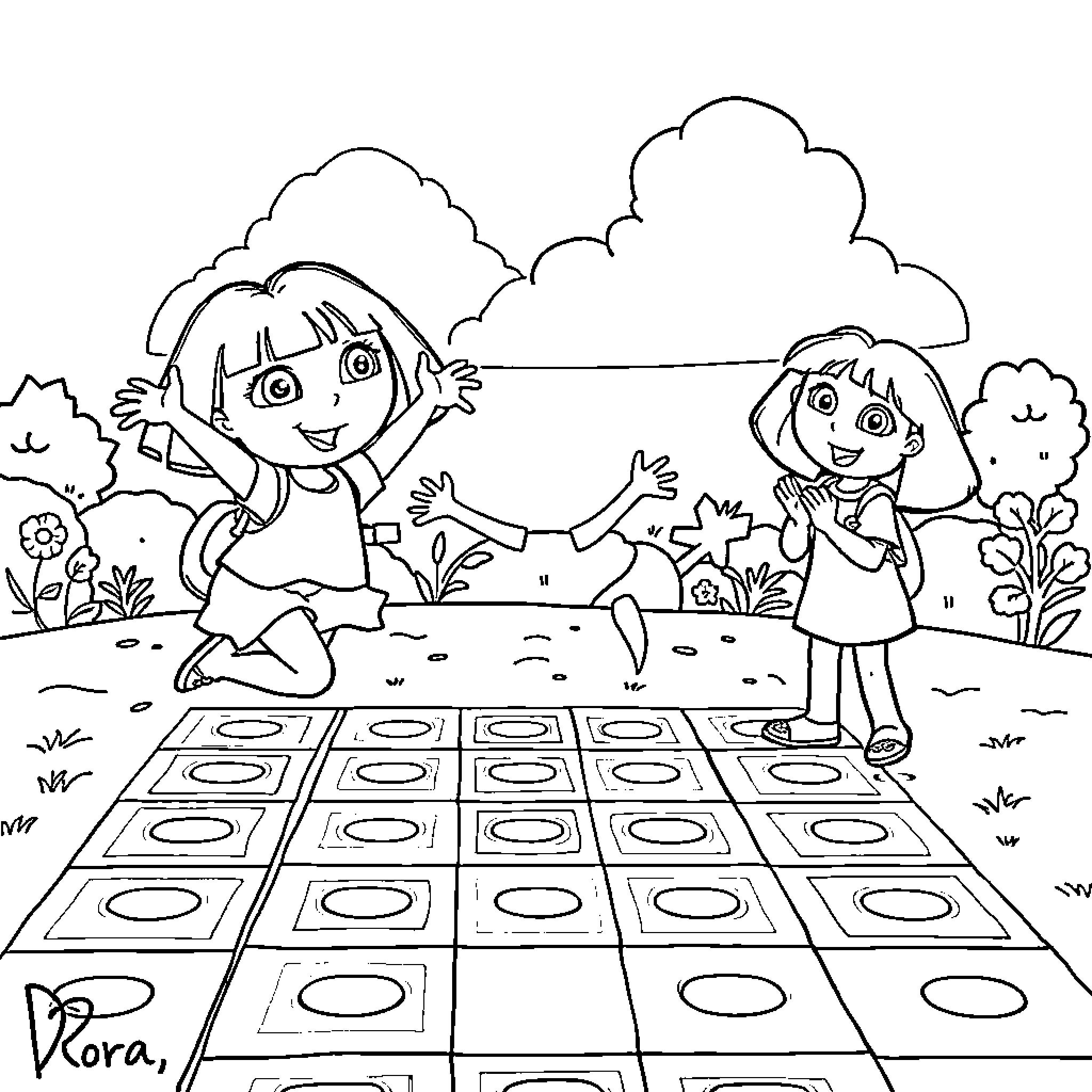 Bluey and Dora playing hopscotch in the park Coloring Page (free black-and-white line drawing printable PDF for all, from beginners to advanced learners, including children, teens, adults, and seniors)