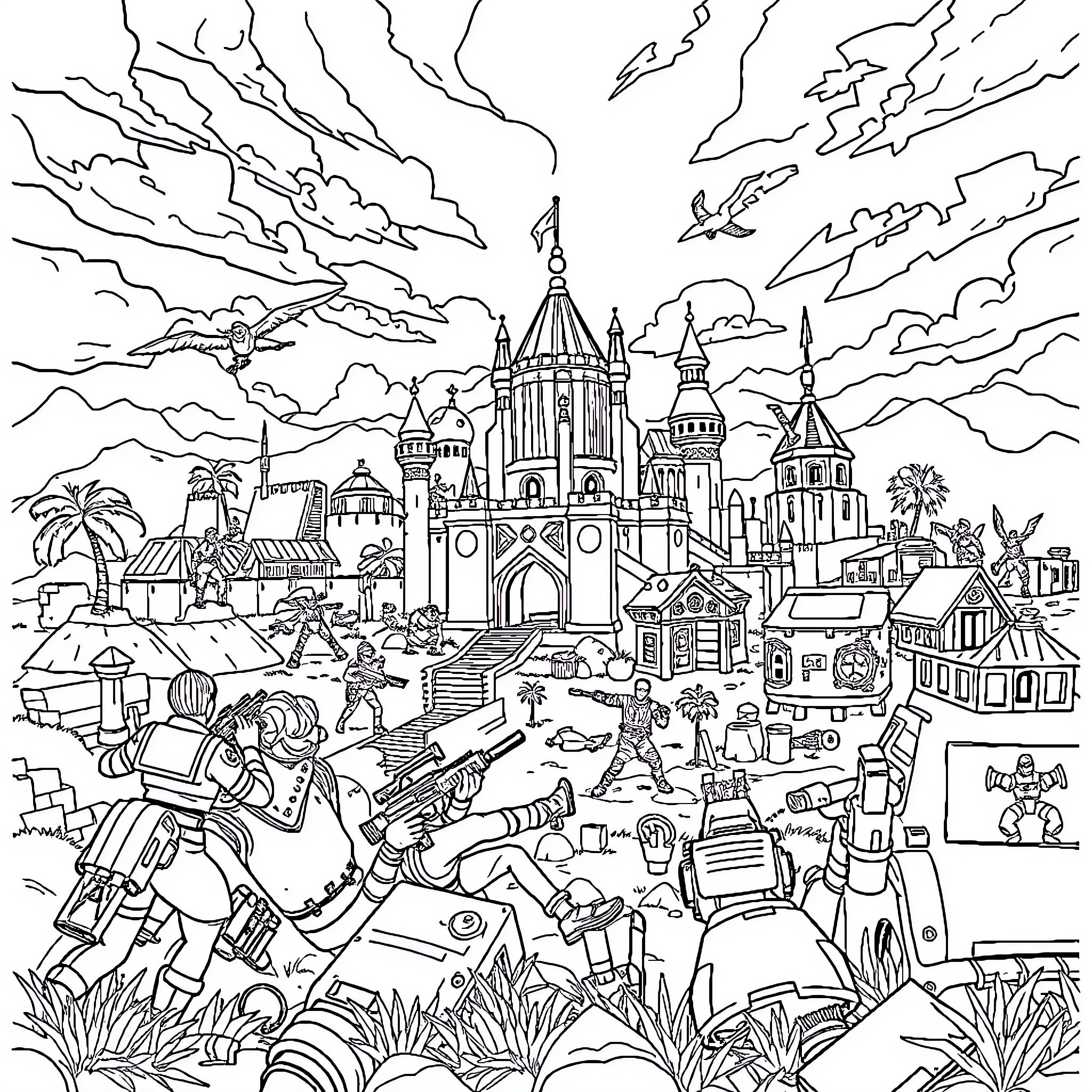 Fortnite Battle Royale: Epic Clash in a Fantastical World Coloring Page (free black-and-white line drawing printable PDF for all, from beginners to advanced learners, including children, teens, adults, and seniors)