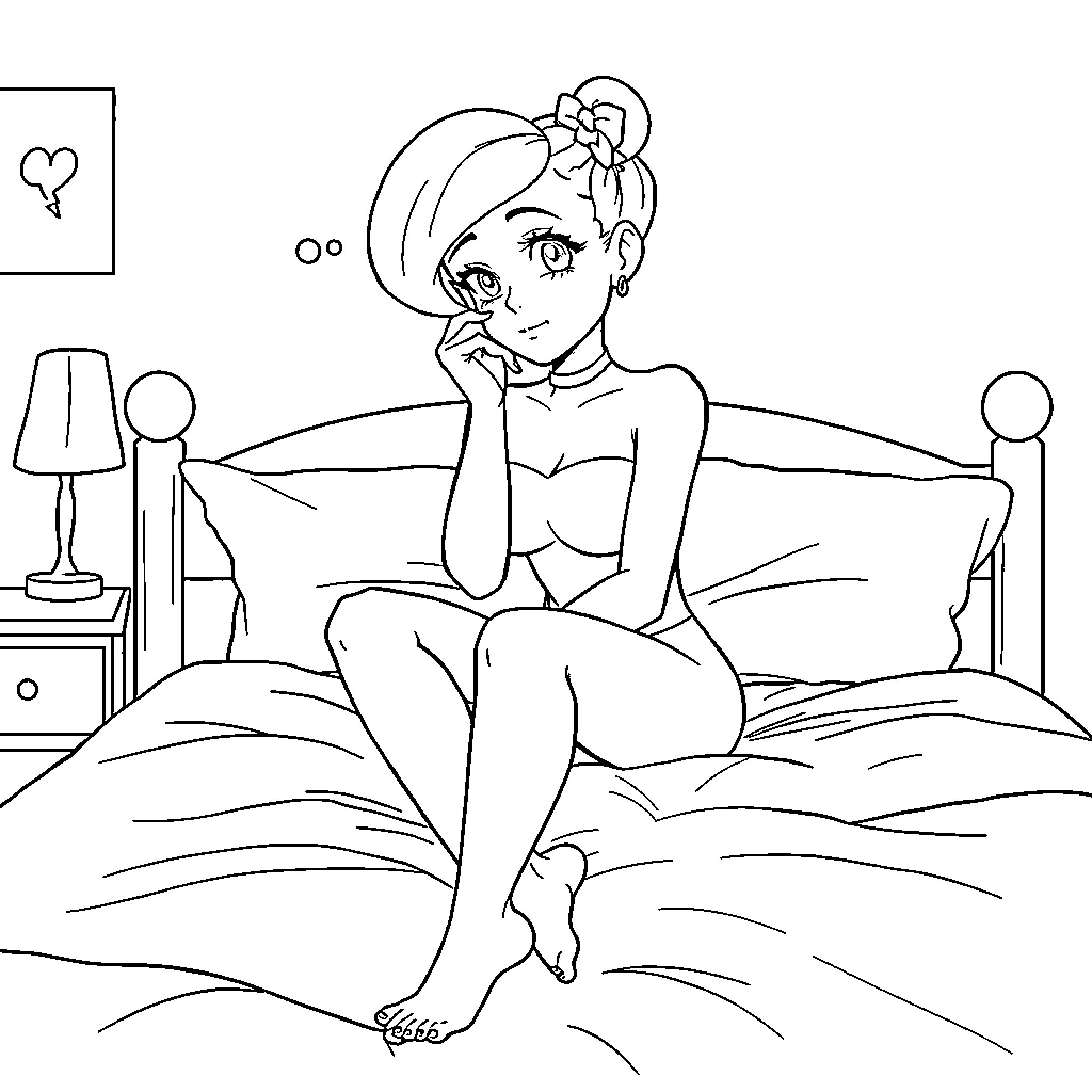 Bulma resting thoughtfully on the bed Coloring Page (free black-and-white line drawing printable PDF for all, from beginners to advanced learners, including children, teens, adults, and seniors)