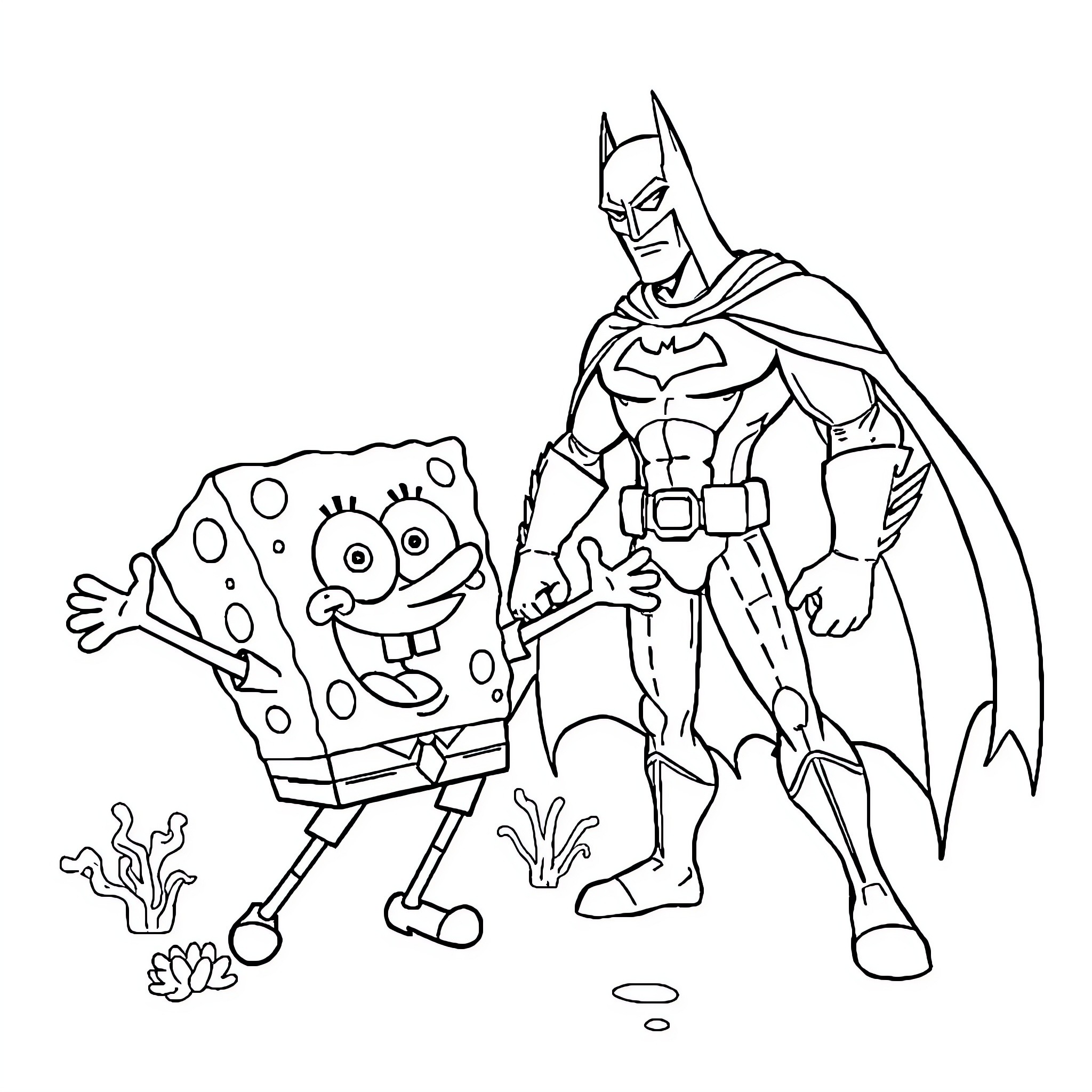 Spongebob and Batman team up for an adventure Coloring Page (free black-and-white line drawing printable PDF for all, from beginners to advanced learners, including children, teens, adults, and seniors)