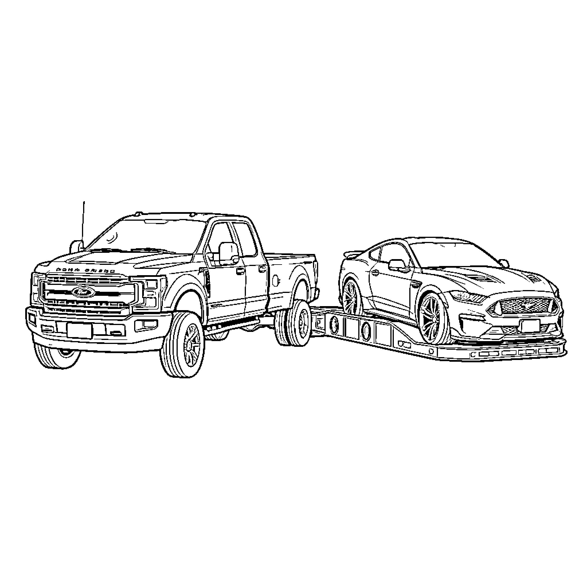Ford truck towing a sports car on a trailer Coloring Page (free black-and-white line drawing printable PDF for all, from beginners to advanced learners, including children, teens, adults, and seniors)