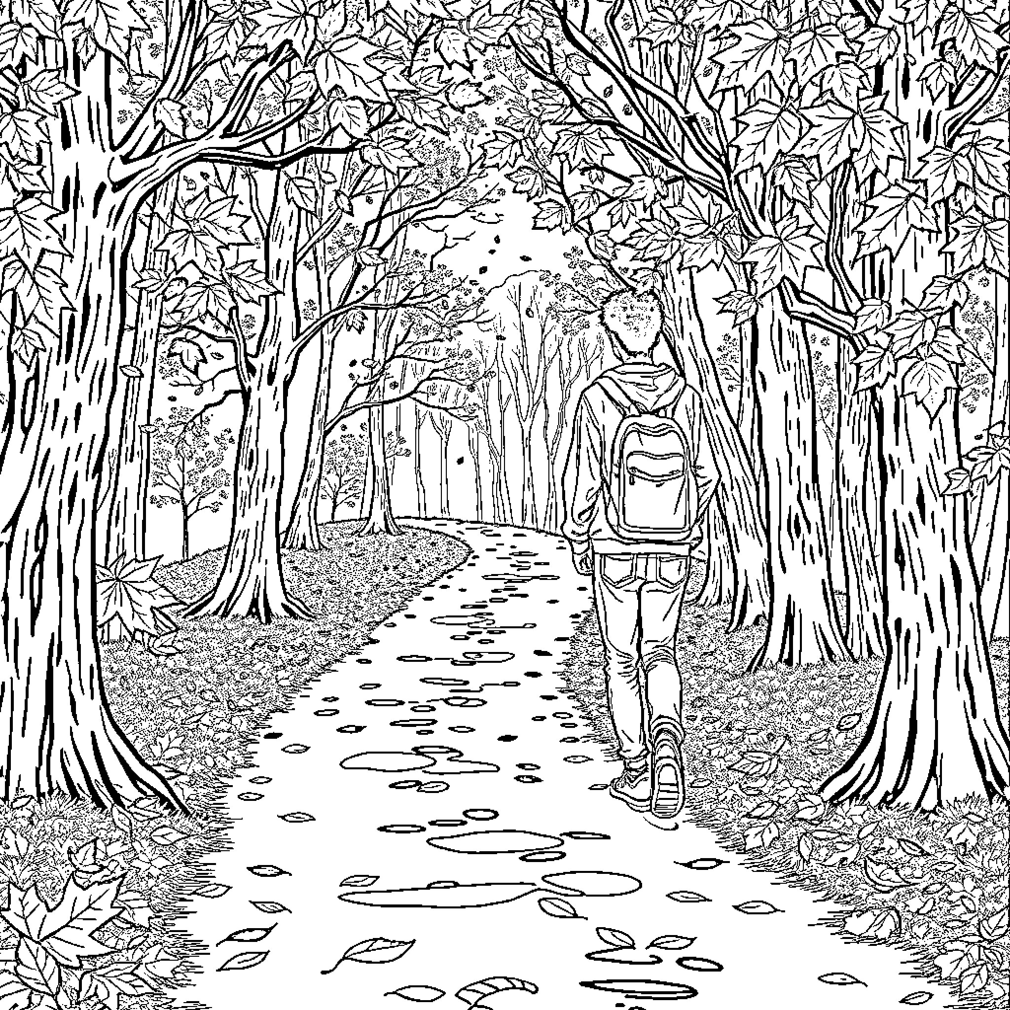 Teenager exploring a serene forest trail Coloring Page (free black-and-white line drawing printable PDF for all, from beginners to advanced learners, including children, teens, adults, and seniors)