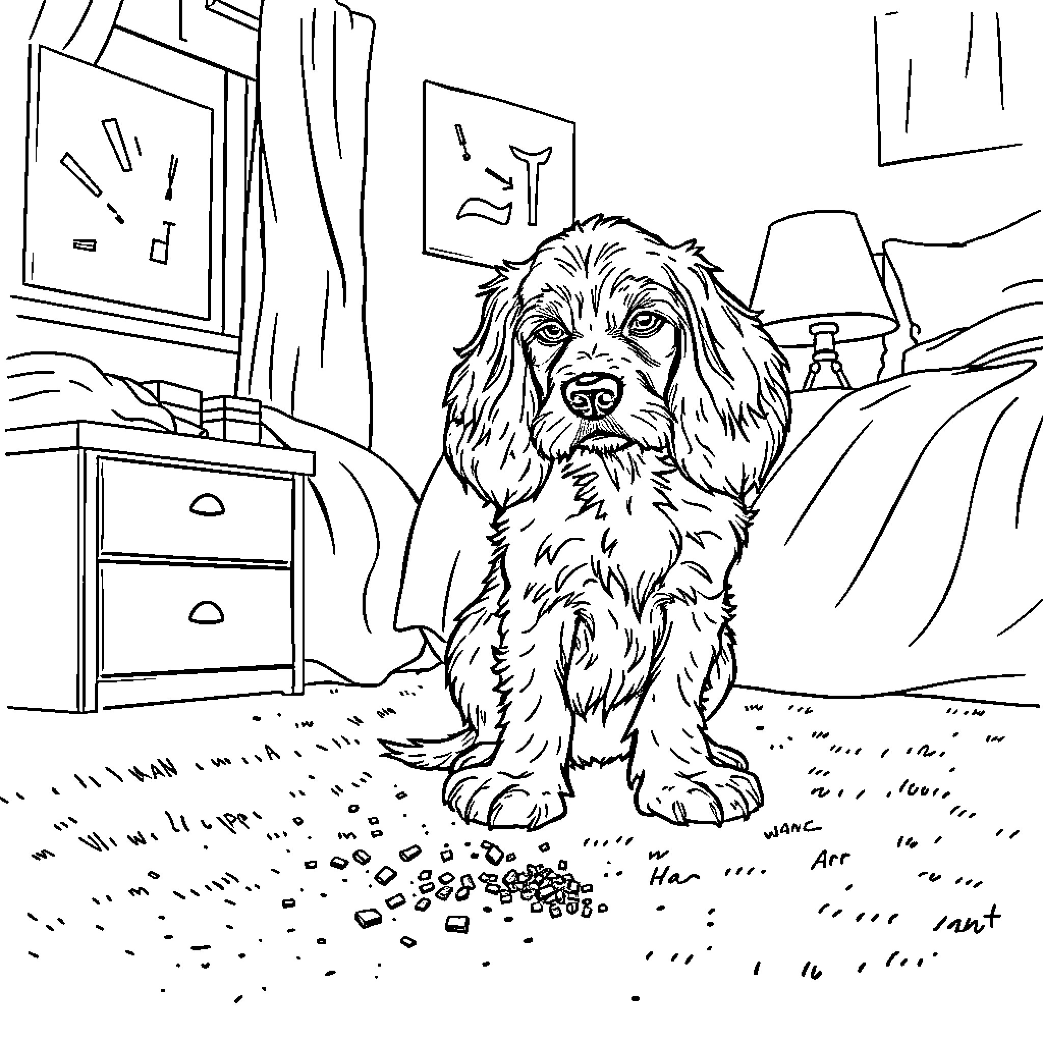 Cocker Spaniel sitting attentively in a room Coloring Page (free black-and-white line drawing printable PDF for all, from beginners to advanced learners, including children, teens, adults, and seniors)