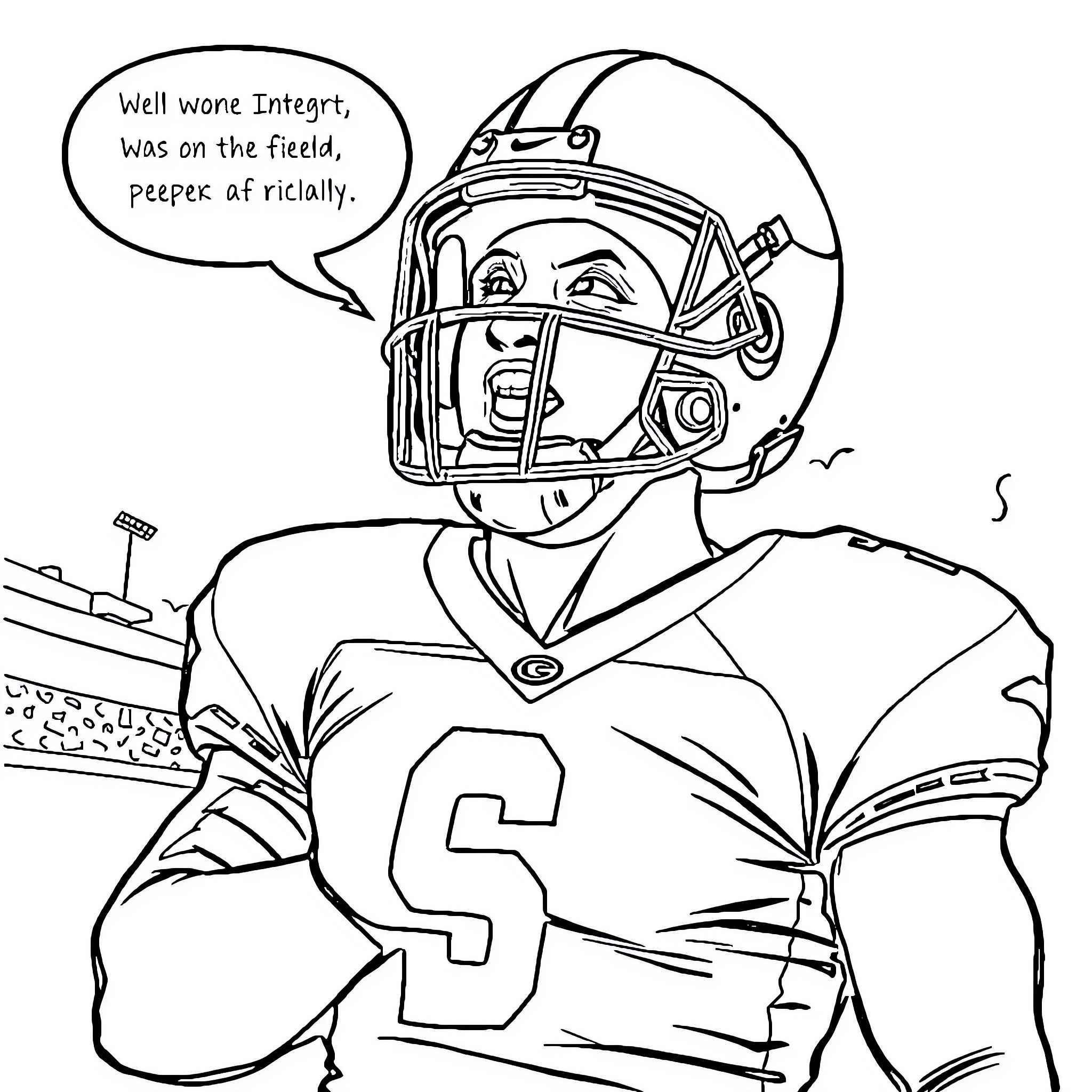 Football Player Speaks with Determination on the Field Coloring Page (free black-and-white line drawing printable PDF for all, from beginners to advanced learners, including children, teens, adults, and seniors)