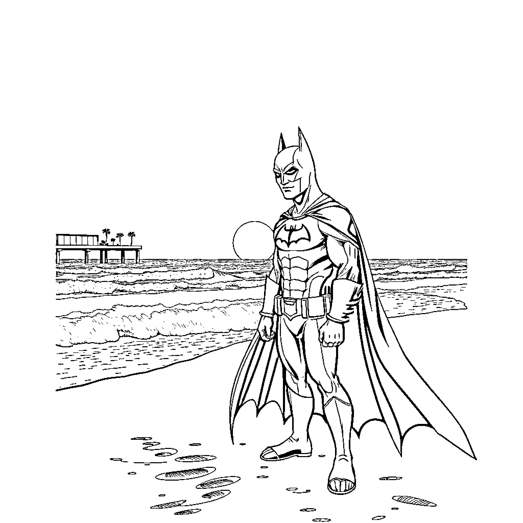 Batman standing heroically on the beach Coloring Page (free black-and-white line drawing printable PDF for all, from beginners to advanced learners, including children, teens, adults, and seniors)