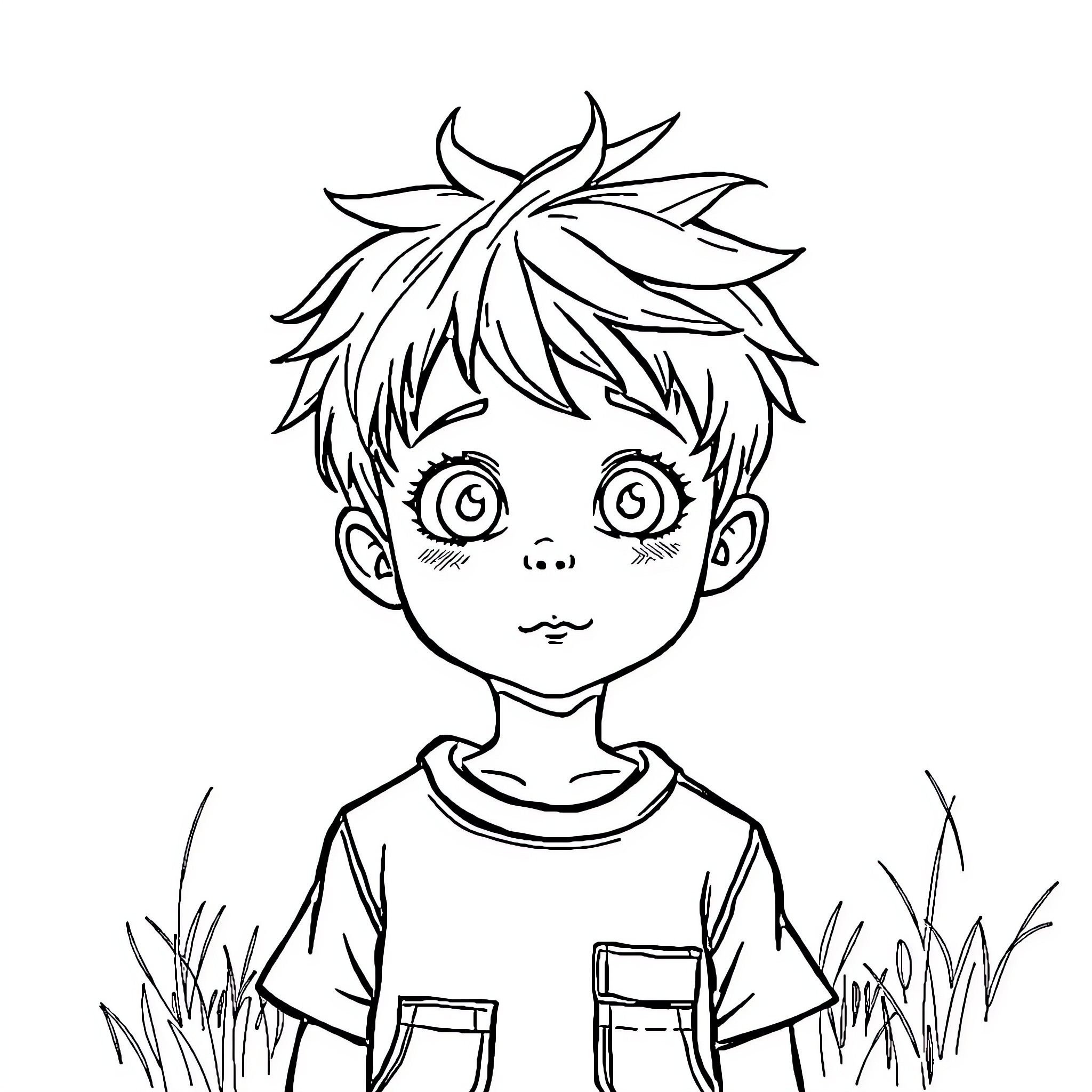 Boy with messy hair playing in the field Coloring Page (free black-and-white line drawing printable PDF for all, from beginners to advanced learners, including children, teens, adults, and seniors)