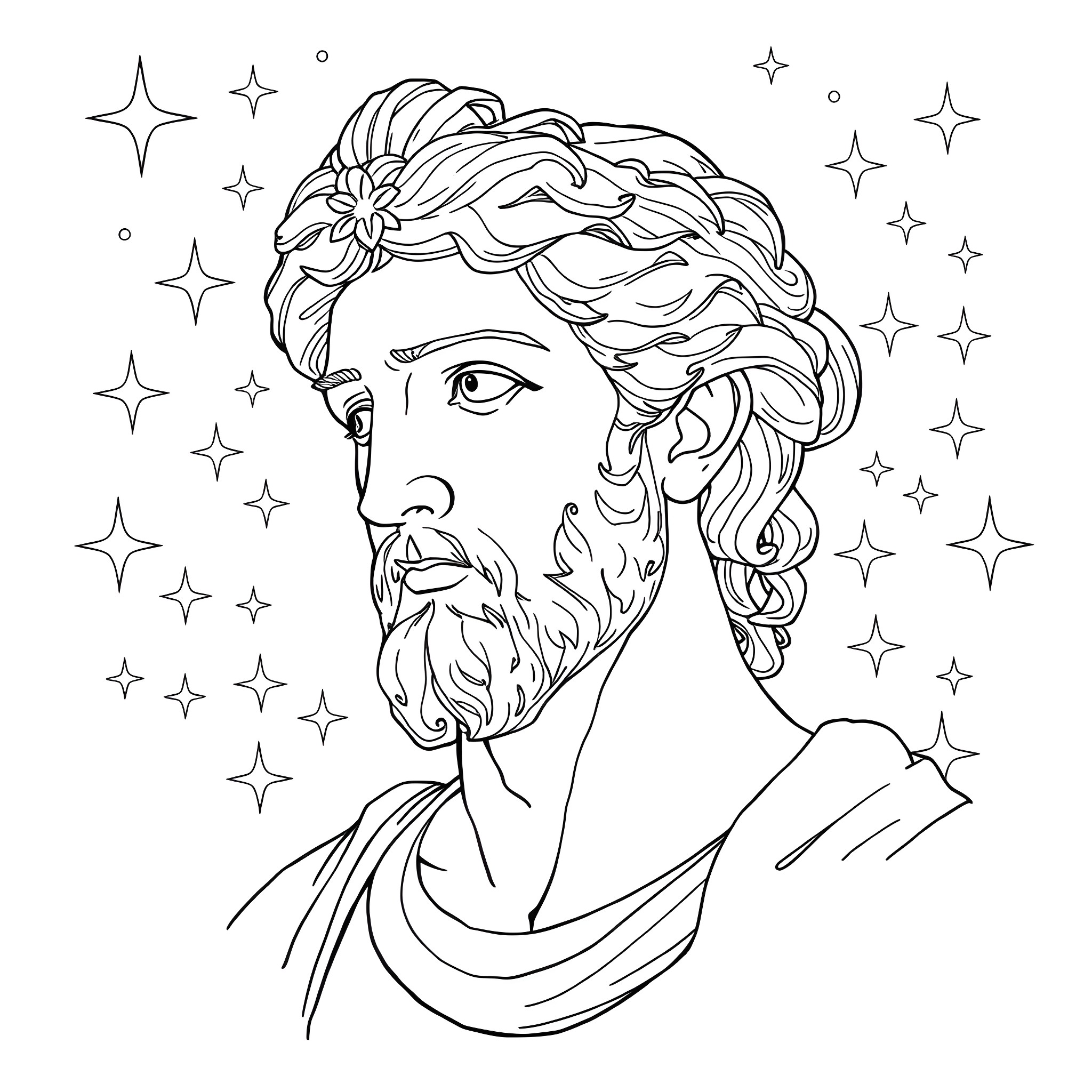 Archer with flowing locks and starry background Coloring Page (free black-and-white line drawing printable PDF for all, from beginners to advanced learners, including children, teens, adults, and seniors)