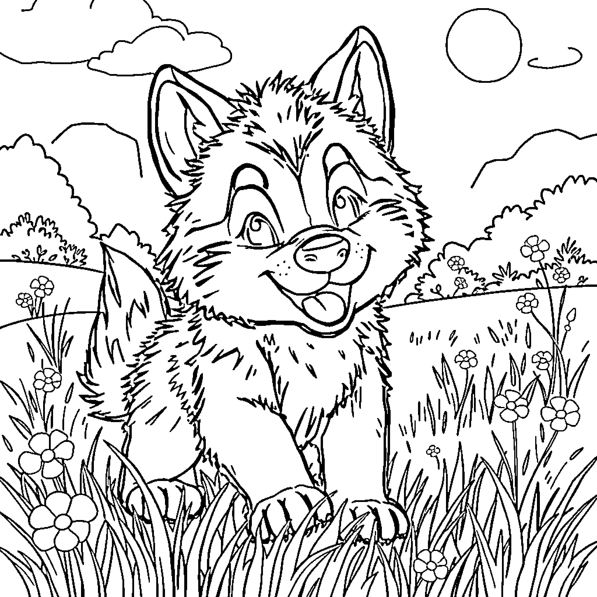 Werewolf delights in nature's beauty Coloring Page (free black-and-white line drawing printable PDF for all, from beginners to advanced learners, including children, teens, adults, and seniors)