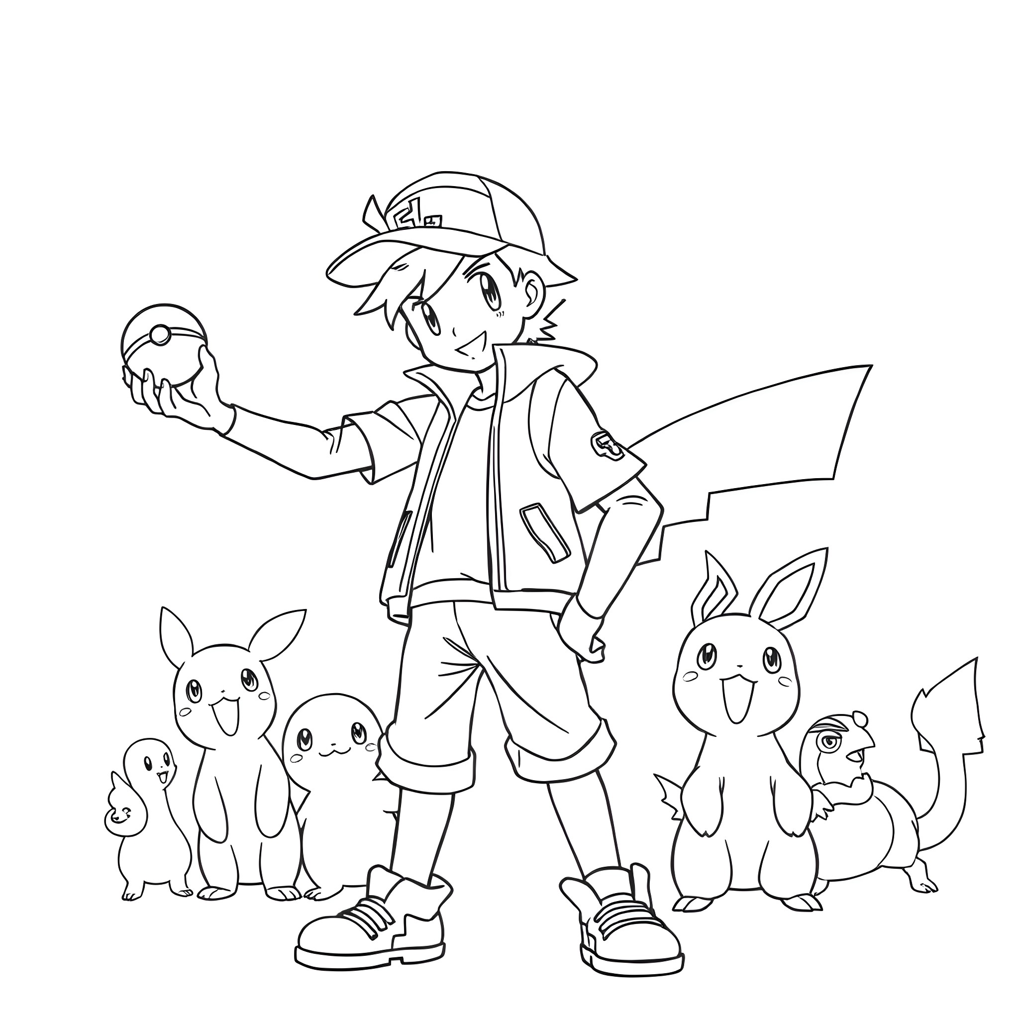 Ash Ketchum and his Pokémon companions Coloring Page (free black-and-white line drawing printable PDF for all, from beginners to advanced learners, including children, teens, adults, and seniors)