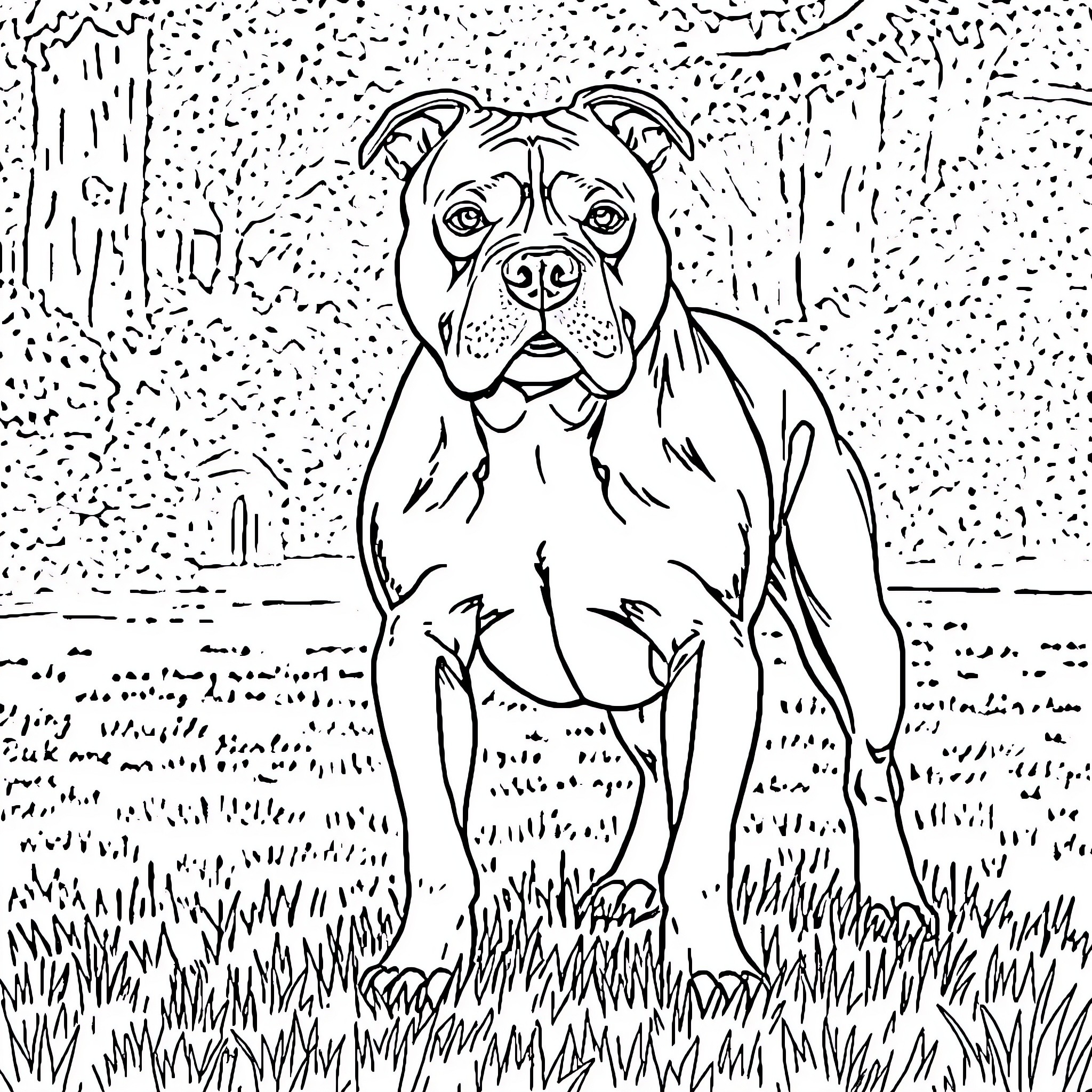 Pitbull Standing Proud in Grassy Field Coloring Page (free black-and-white line drawing printable PDF for all, from beginners to advanced learners, including children, teens, adults, and seniors)