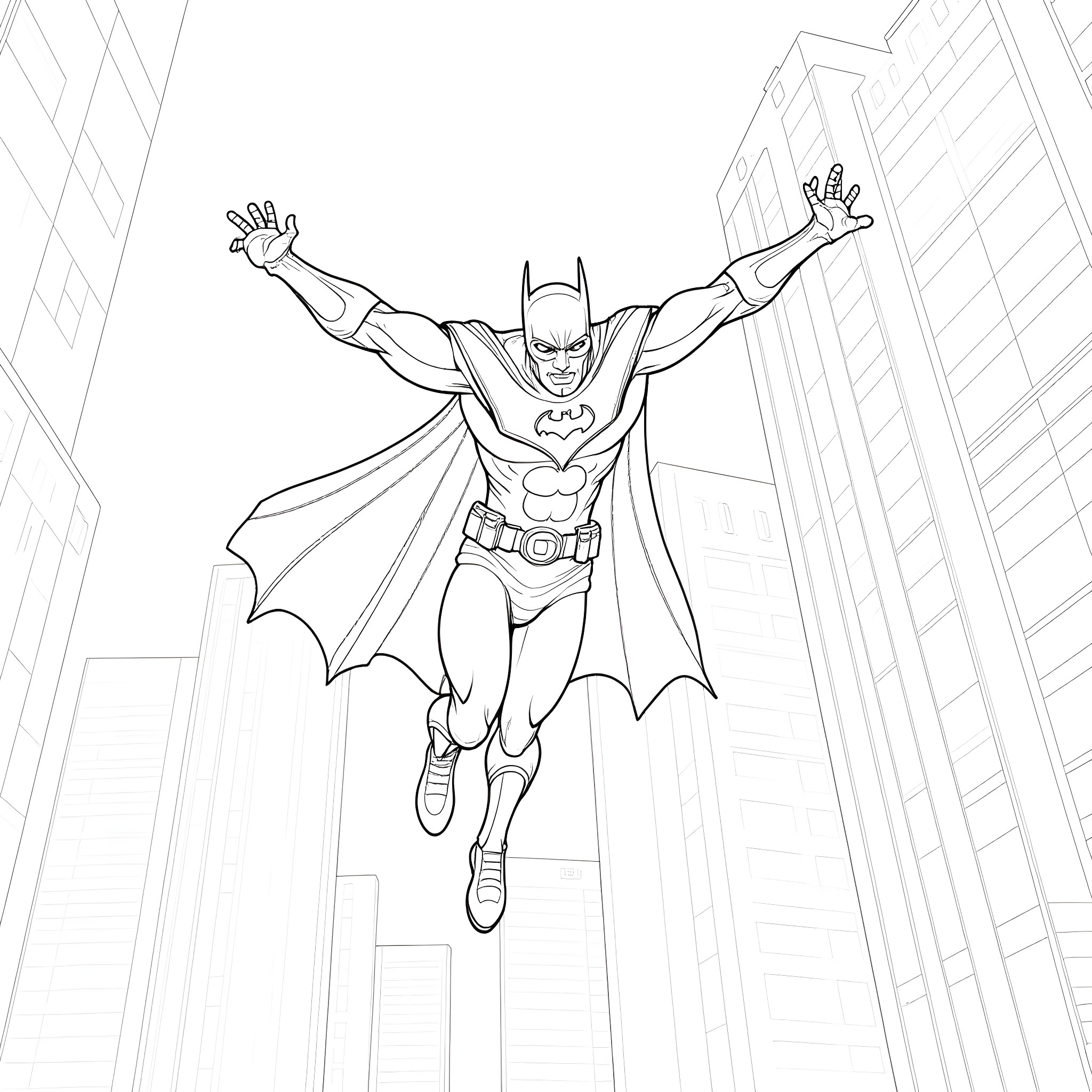 Batman soaring through the cityscape Coloring Page (free black-and-white line drawing printable PDF for all, from beginners to advanced learners, including children, teens, adults, and seniors)