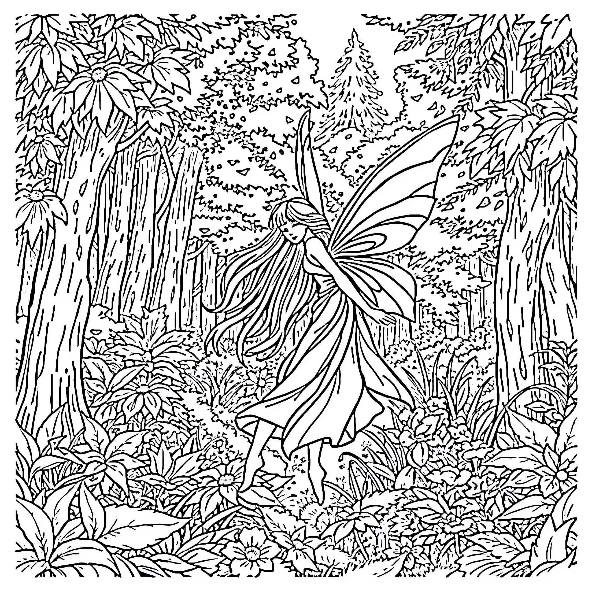 Fairy Dancing in the Enchanted Forest Coloring Page (free black-and-white line drawing printable PDF for all, from beginners to advanced learners, including children, teens, adults, and seniors)