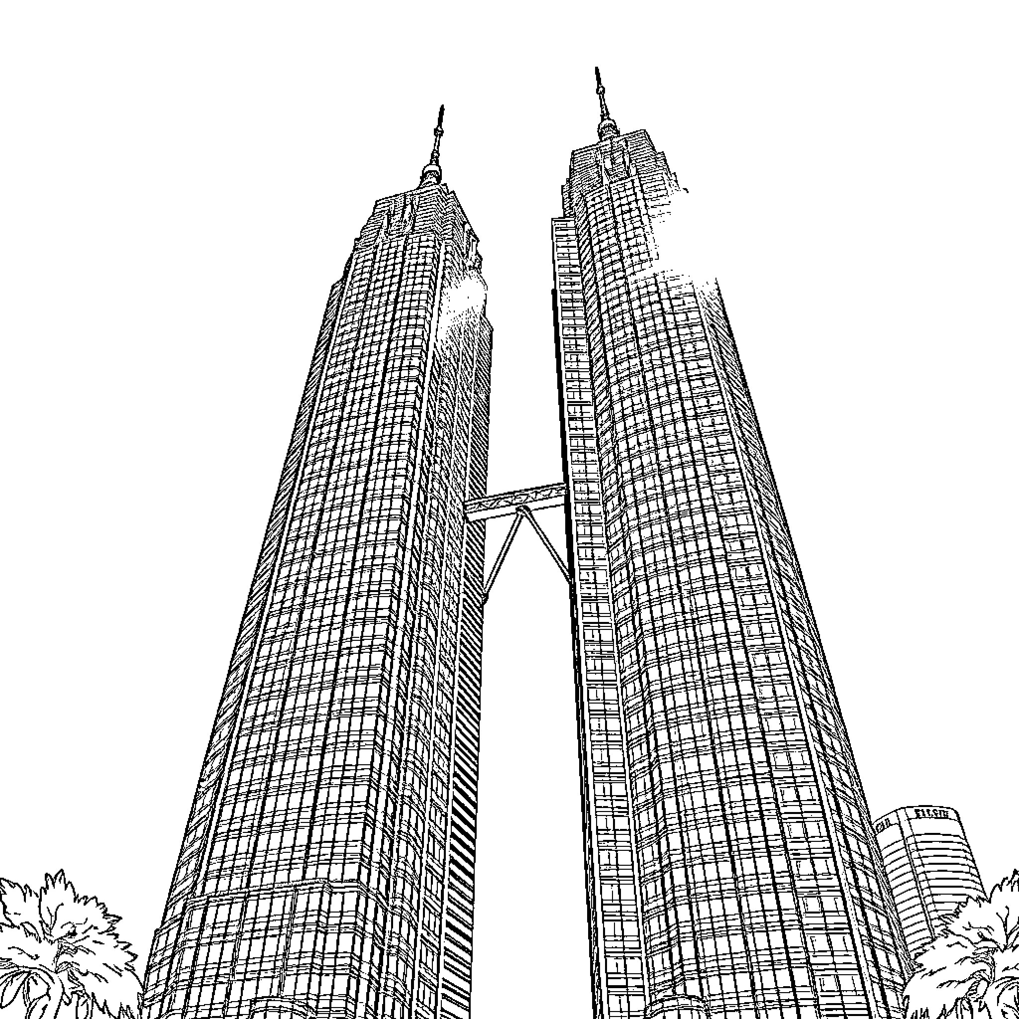 Twin Towers reaching high into the sky Coloring Page (free black-and-white line drawing printable PDF for all, from beginners to advanced learners, including children, teens, adults, and seniors)